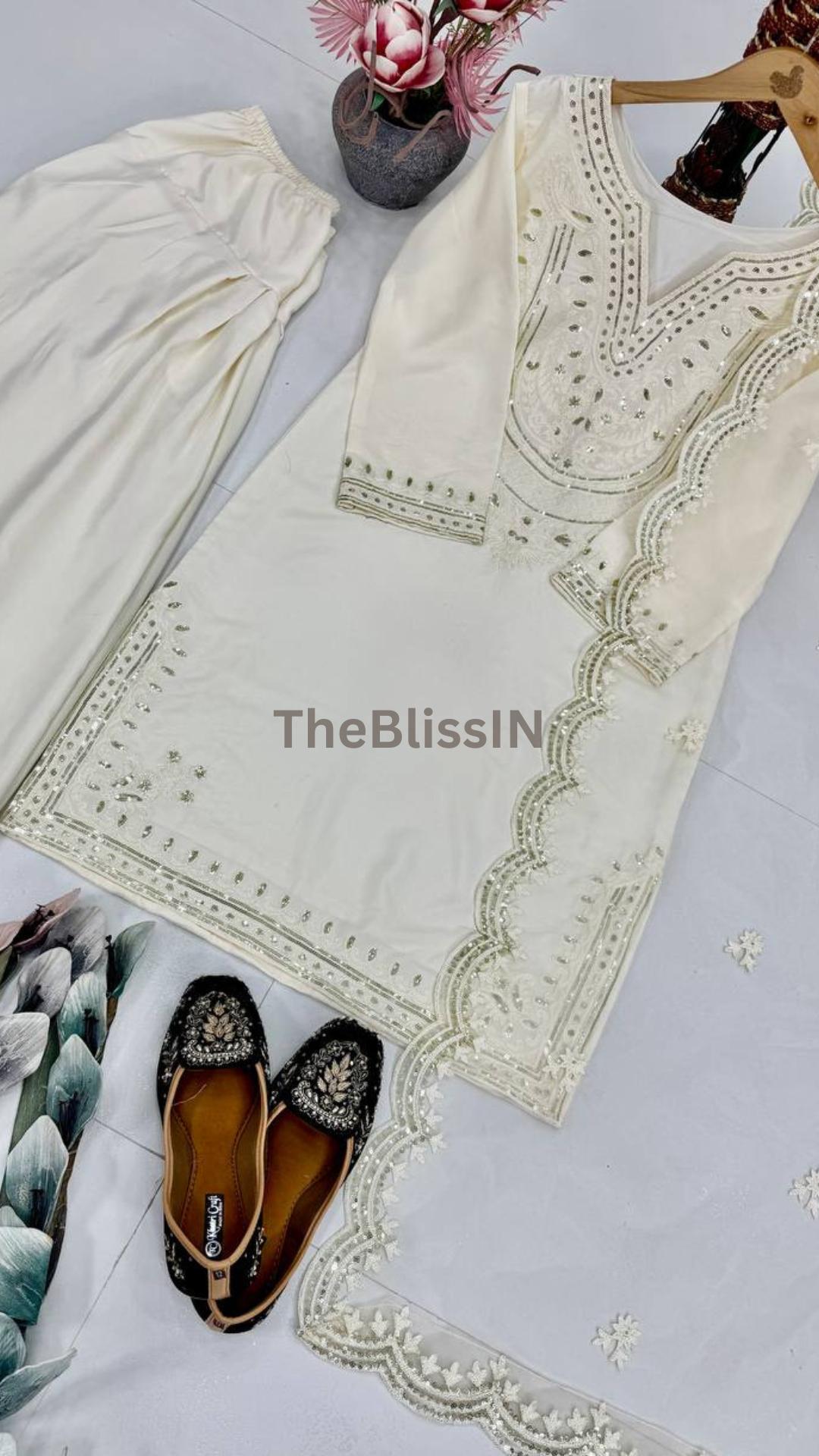White Natural Silk Embroidered Salwar Suit Set with Palazzo & Soft Net Dupatta