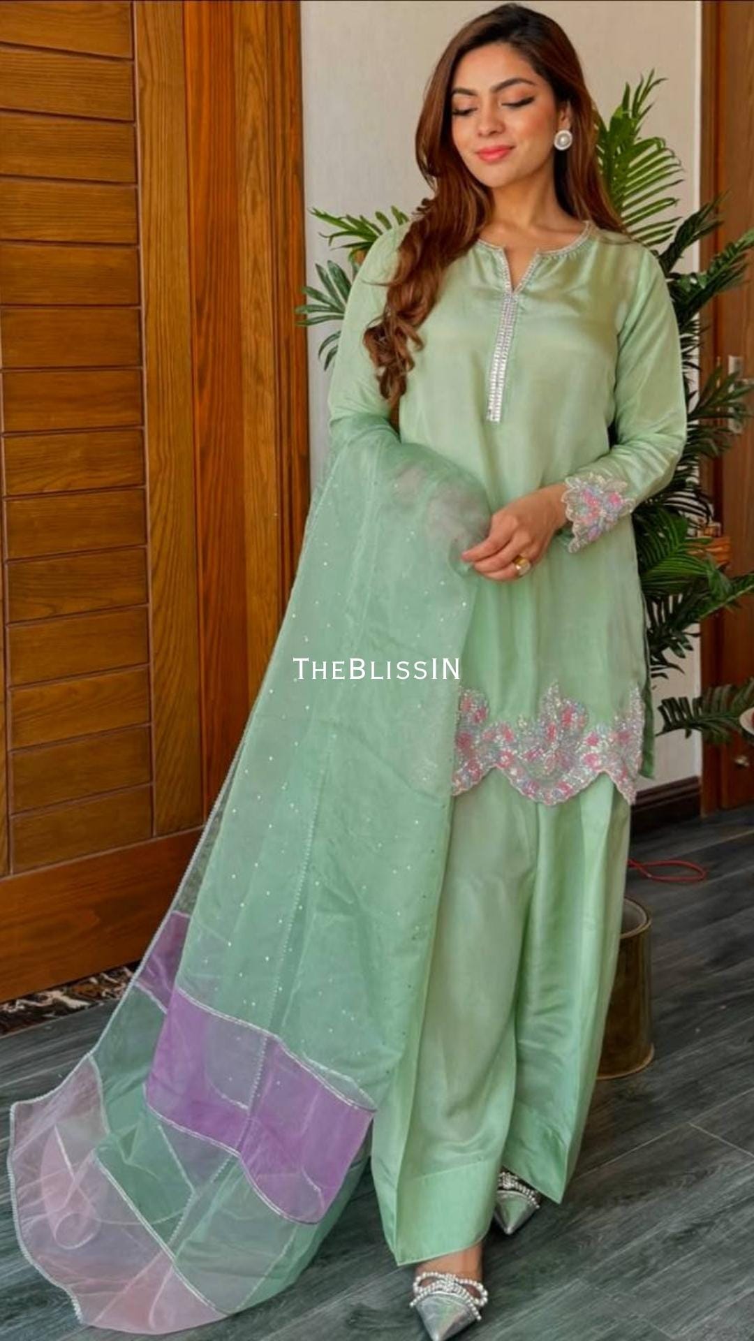 Mint Green Heavy Crepe Kurti Suit Set with Embroidered Farshi Palazzo and Dupatta