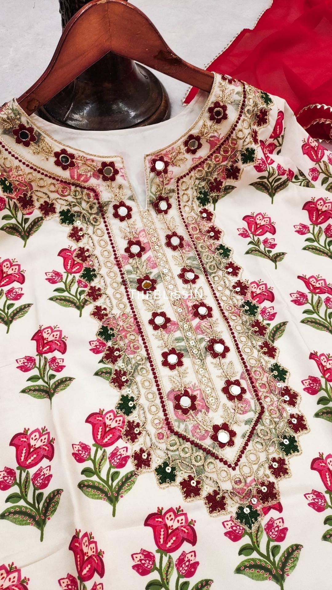 Floral Embroidered Crepe Kurti Suit, Farshi Palazzo, Mirror Work