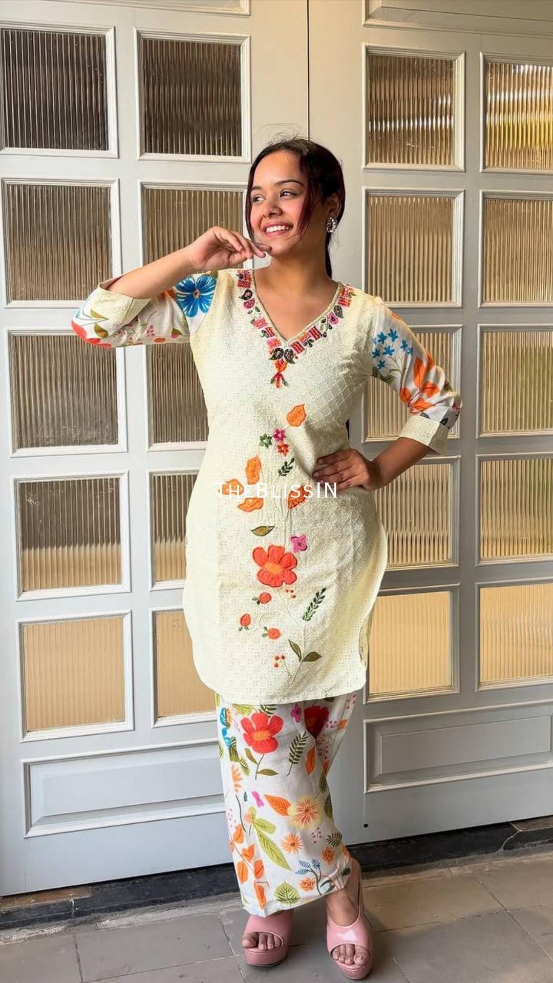 Cream Cotton Embroidered Kurti with Floral Print Pants Comfortable Summer Ethnic Wear