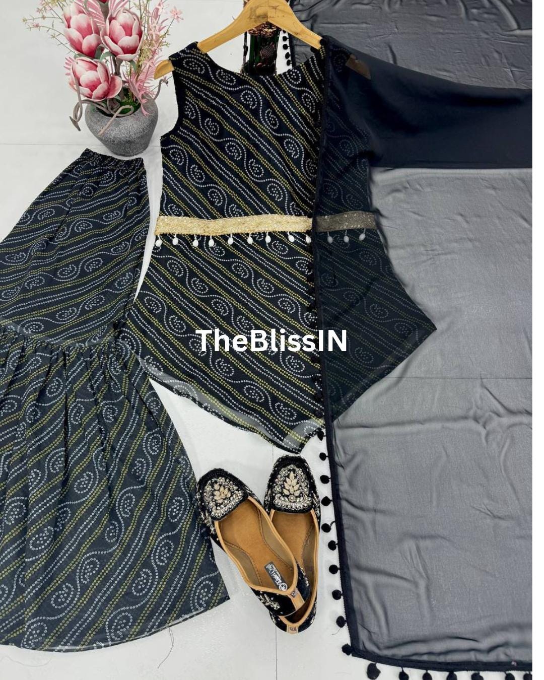 Party Wear Faux Georgette Black Digital Print Suit with Fancy Palazzo Belt and Dupatta