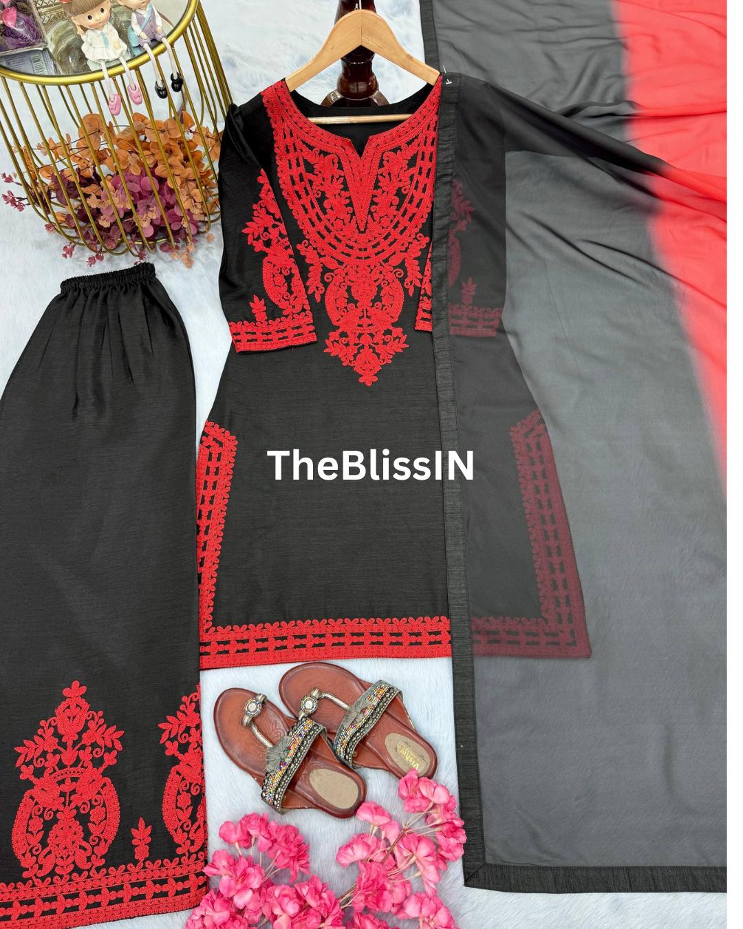 Comfortable Chinon Silk Embroidered Top and Palazzo Set with Tabby Silk Dupatta