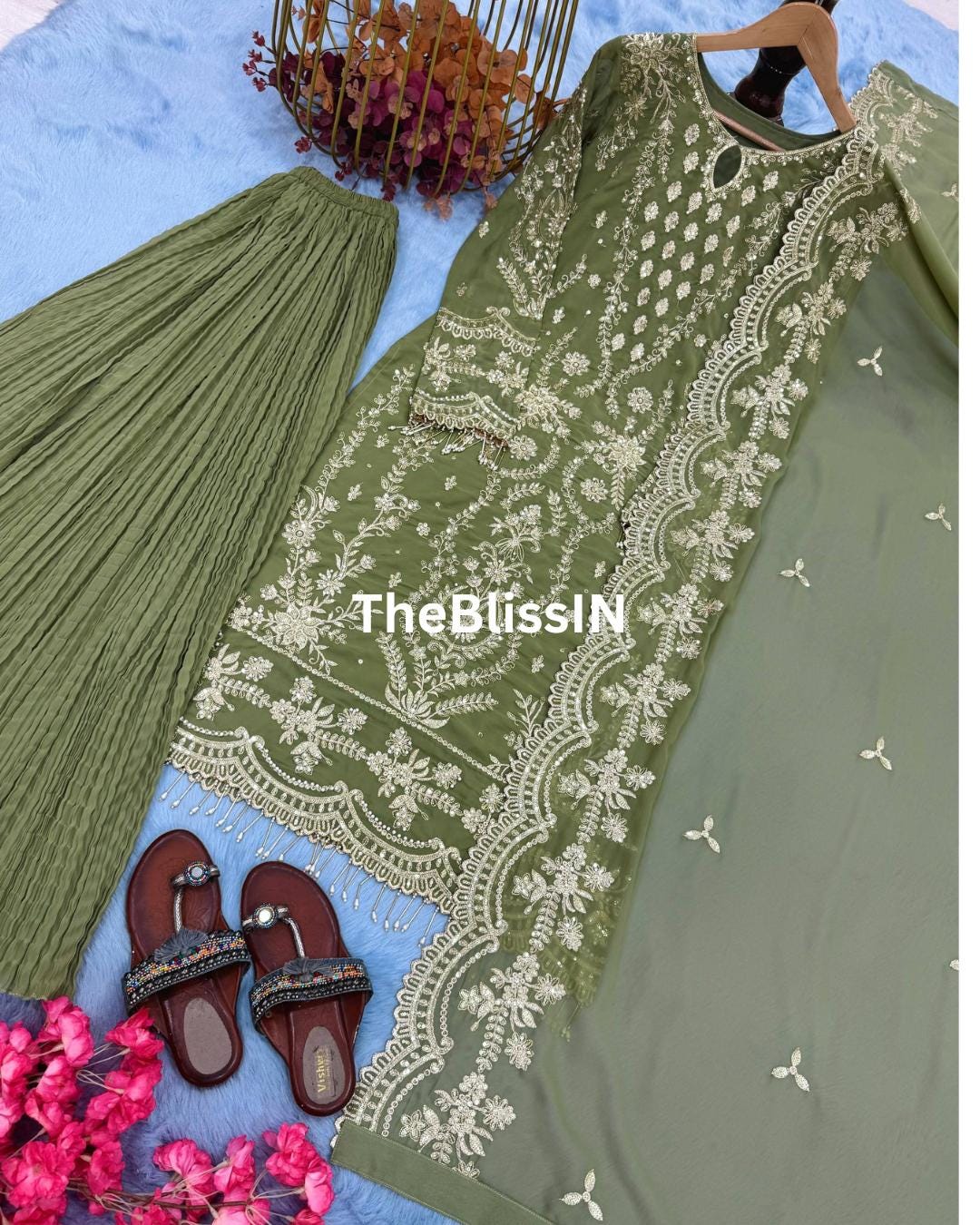 Embroidered Faux Georgette Palazzo Suit: Sequin Indian Wedding Guest Outfit