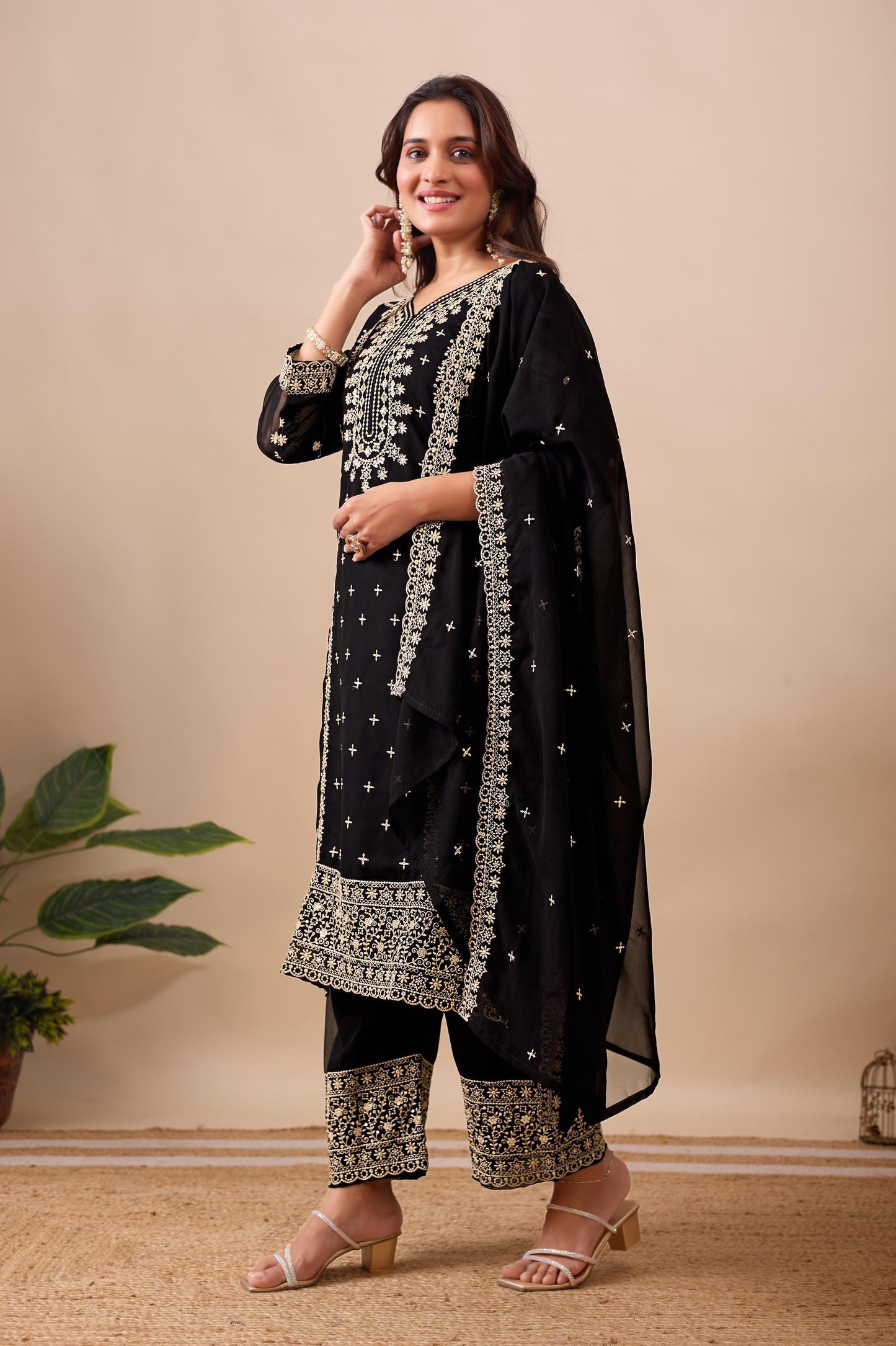 Black Heavy Embroidered Georgette Suit Set with Sequins, Dupatta & Pants