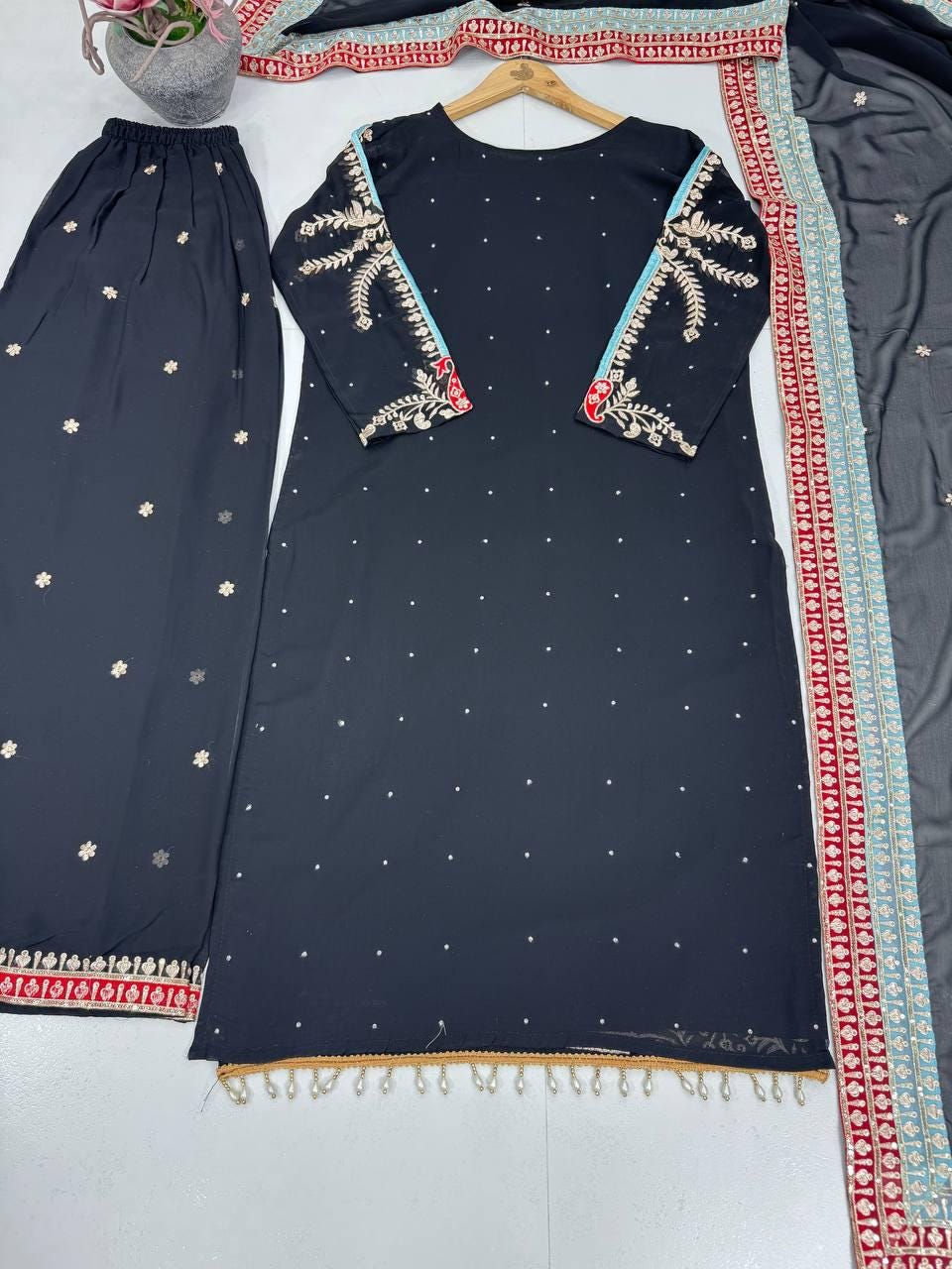 Black Party Wear Embroidered Georgette Suit Set with Sequins, Dupatta & Pants