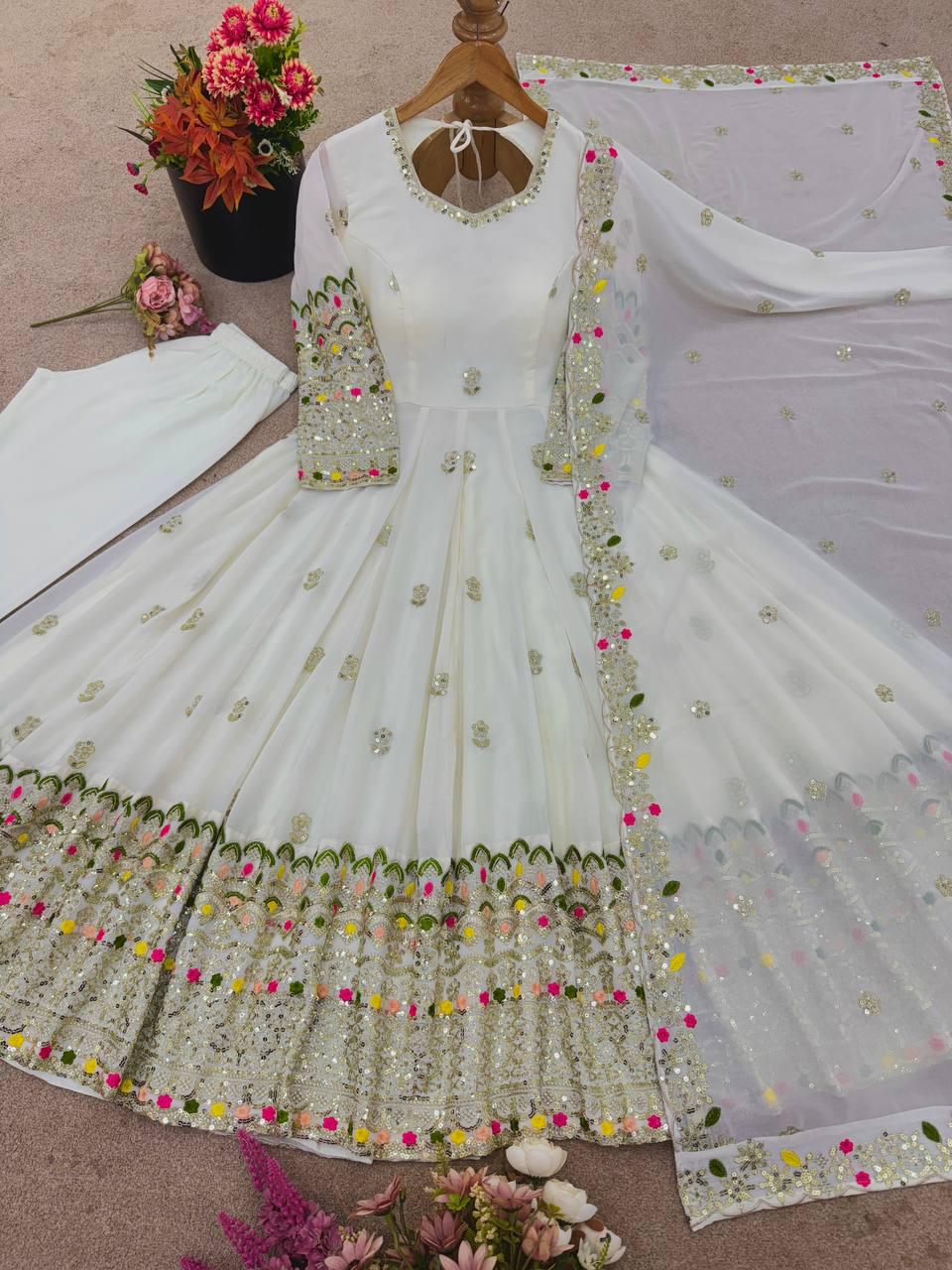 Luxury White Embroidered Anarkali Dress with Heavy Sequence Work for Women Wear