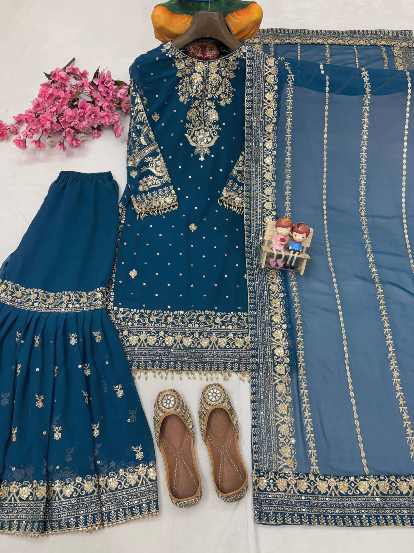 Georgette Kurti Sharara Suit with Elegant Sequin Zari Embroidery Work | Festive Wear