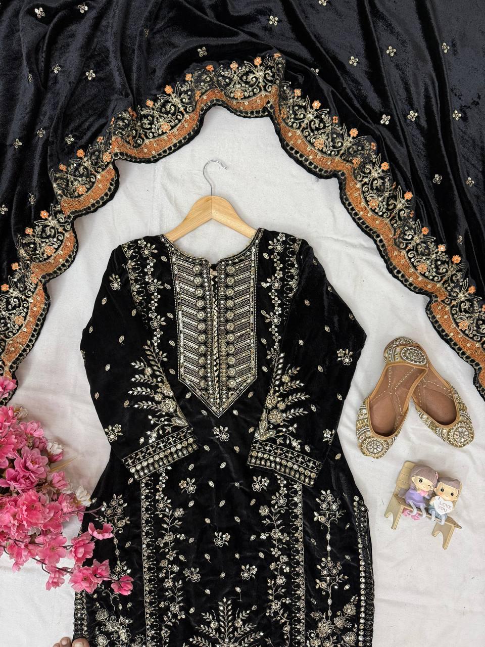 Luxury Velvet Kurti Plazzo Dupatta Set | Heavy Sequin & Zari Embroidery Work | Ready To Wear