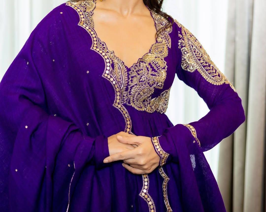 Purple Chinon Silk Anarkali Suit Set With Dupatta | Zari Embroidered - Festive Dress