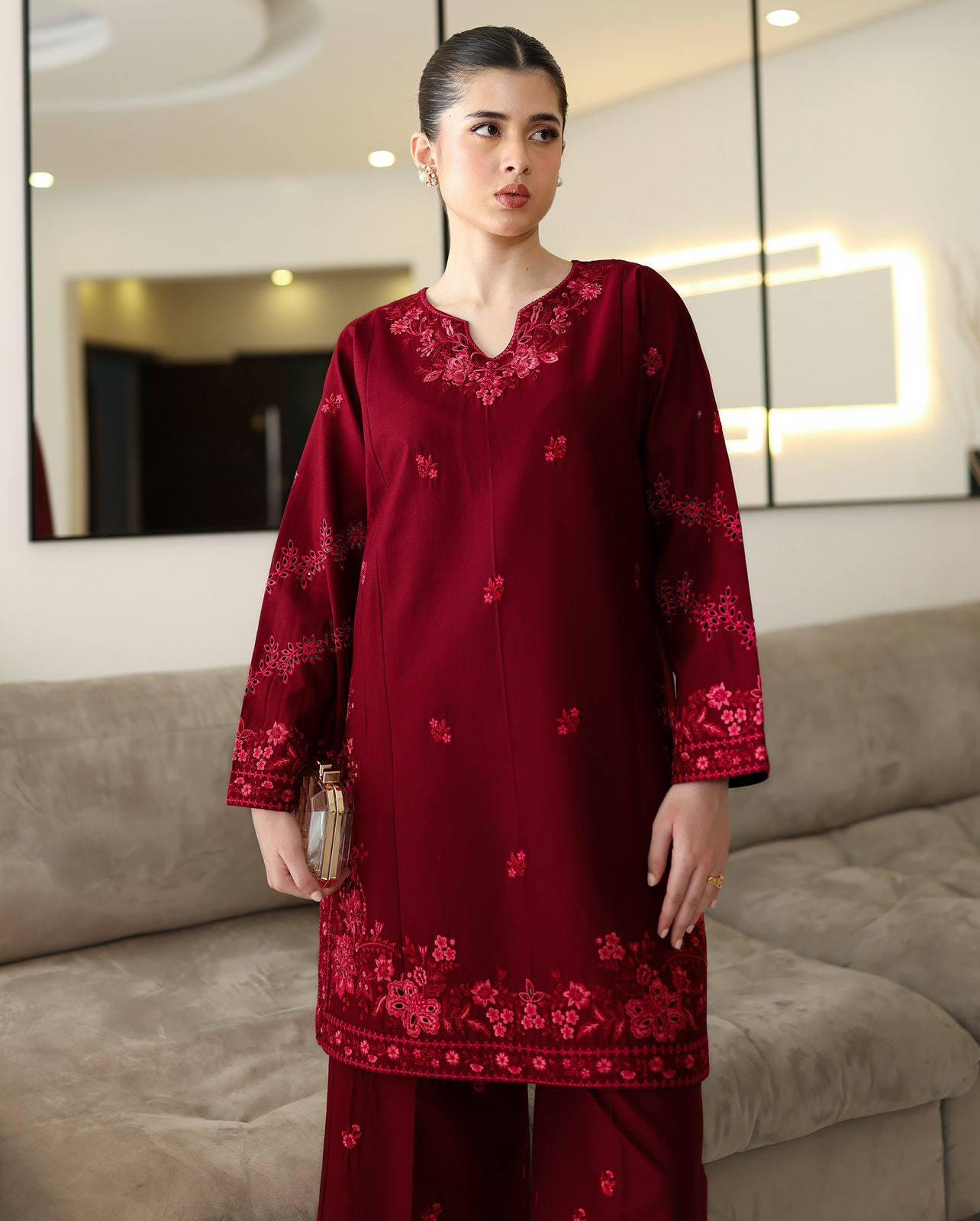 Rayon Cotton Kurti Palazzo Set With Thread Embroidery Work - Comfortable & Daily Wear For Women
