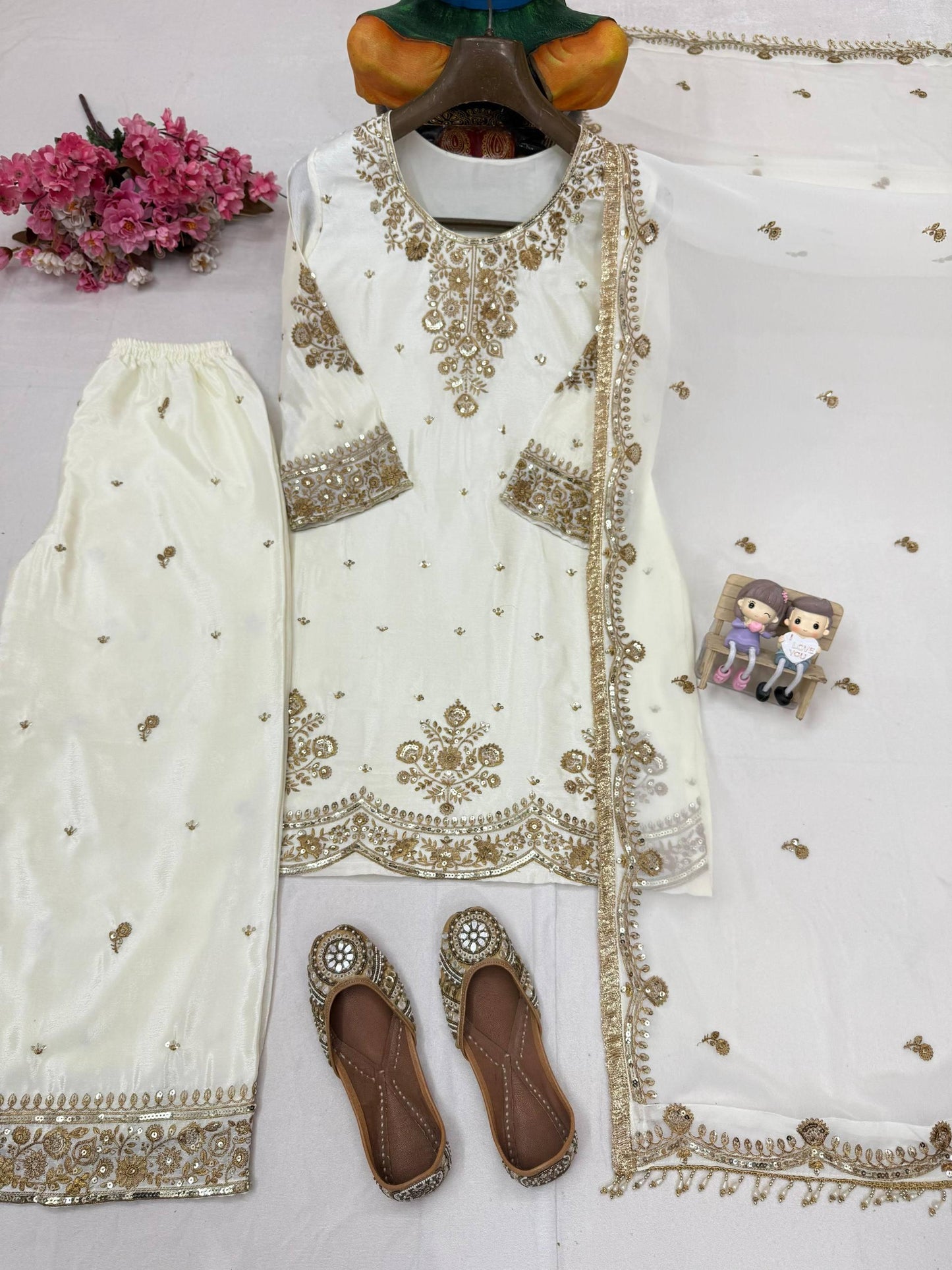 Wedding Wear White Chinnon Silk Kurti Plazzo Set with Sequin Embroidered Dupatta