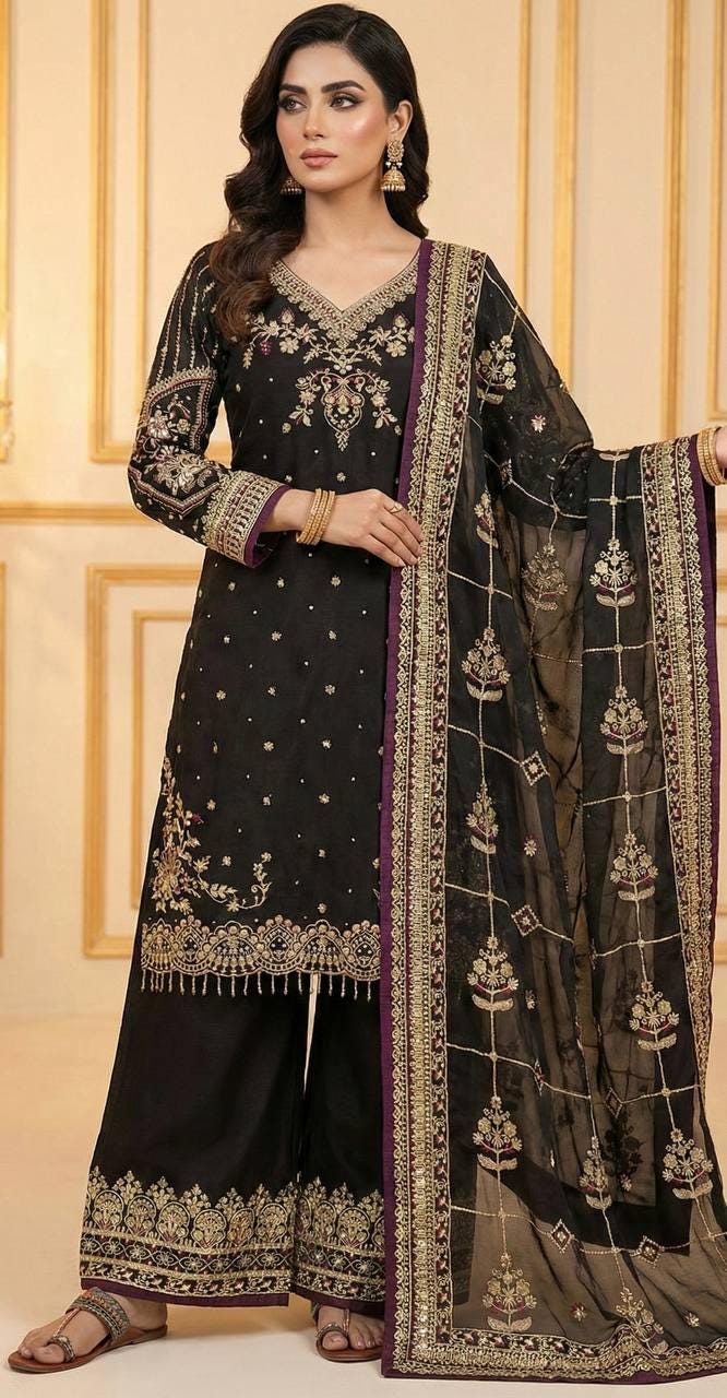Black Jimmy Choo Embroidered Suit Set with Palazzo & Dupatta With Diamond Moti Work