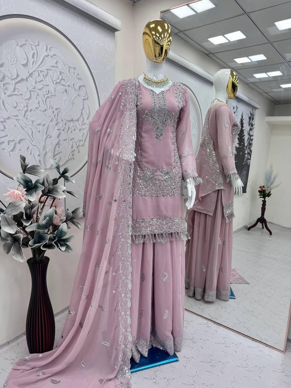 Embroidered Faux Georgette Kurti Palazzo Suit | Sequin & Pearl Work