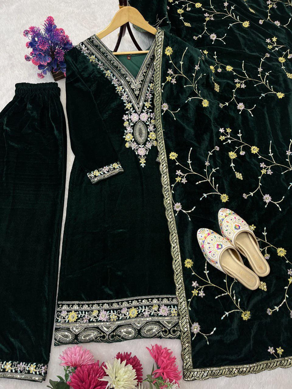 Green Heavy Viscose Velvet Sequin Embroidered Suit Set with Dupatta Fully Stitched Party Wear