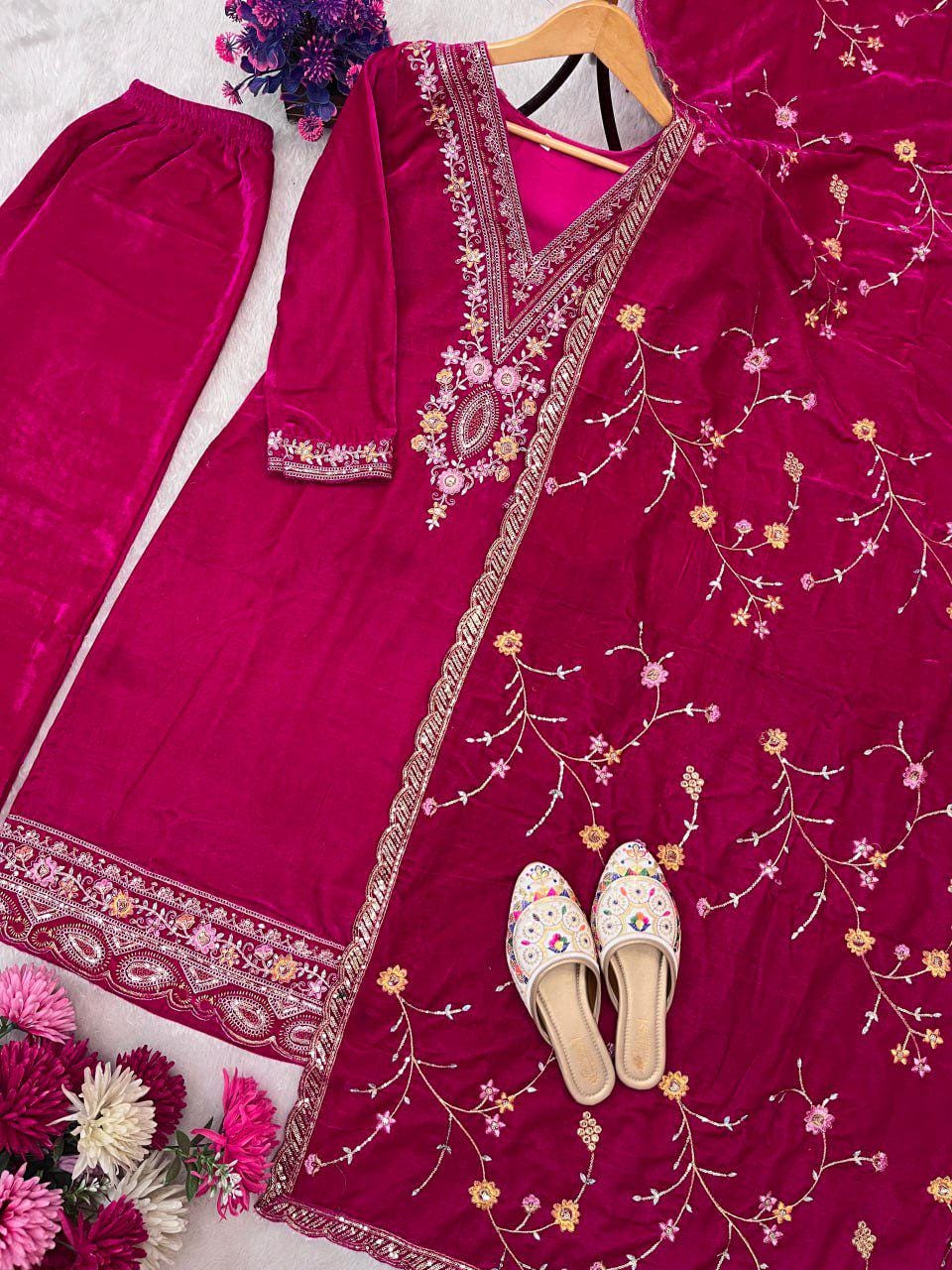 Royal Hot Pink Velvet Embroidered Suit Set with Matching Dupatta