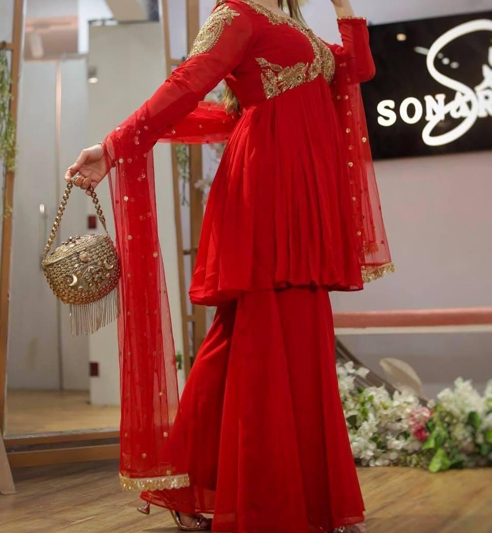 Red Sequin Embroidery Kurti Palazzo Suit | Georgette Fabric - Indian Outfit