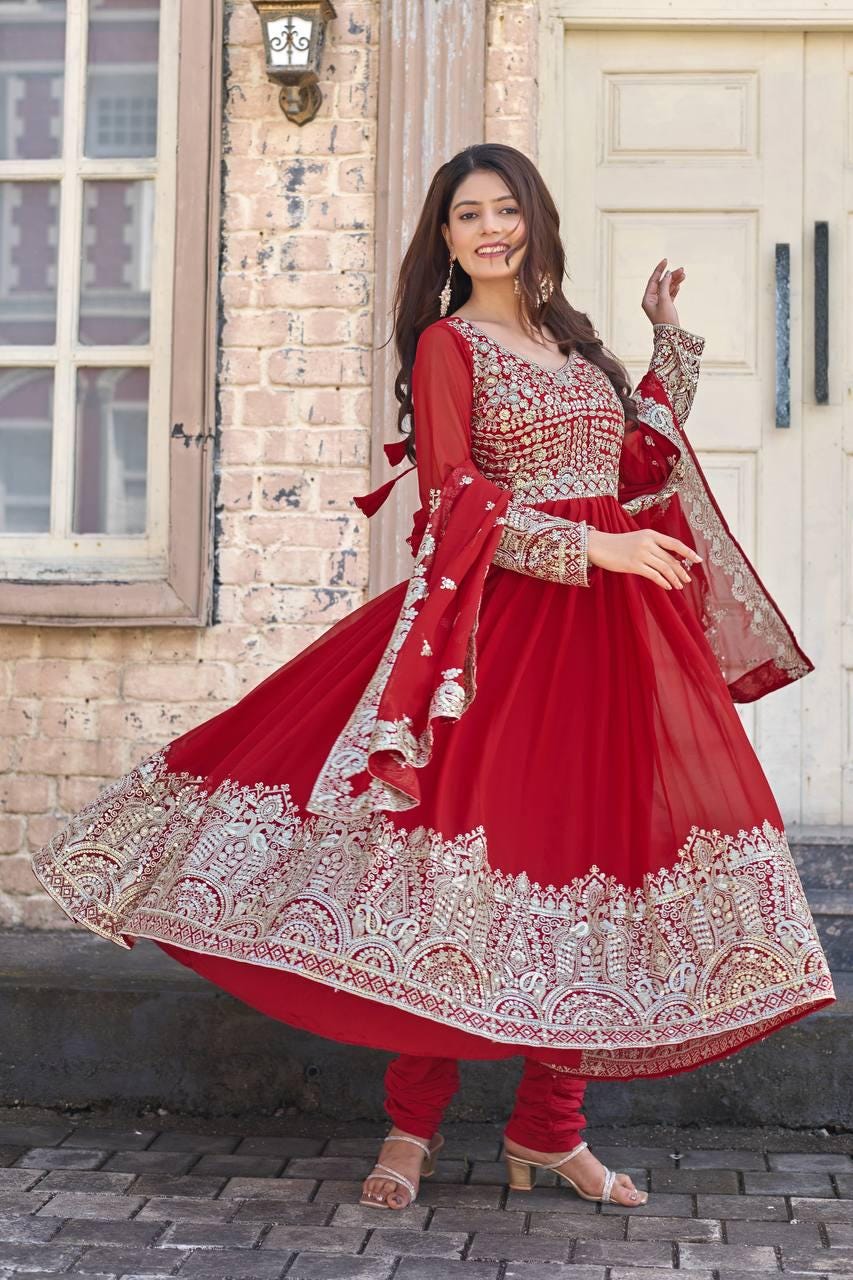 Embroidered Anarkali Gown Set in Heavy Faux Georgette with Dupatta and Chudidar