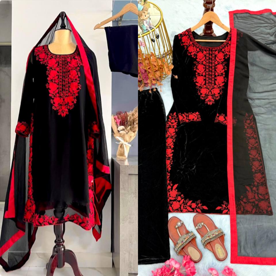 Black Pure Viscose Velvet Embroidered Palazzo Suit Set with Georgette Dupatta
