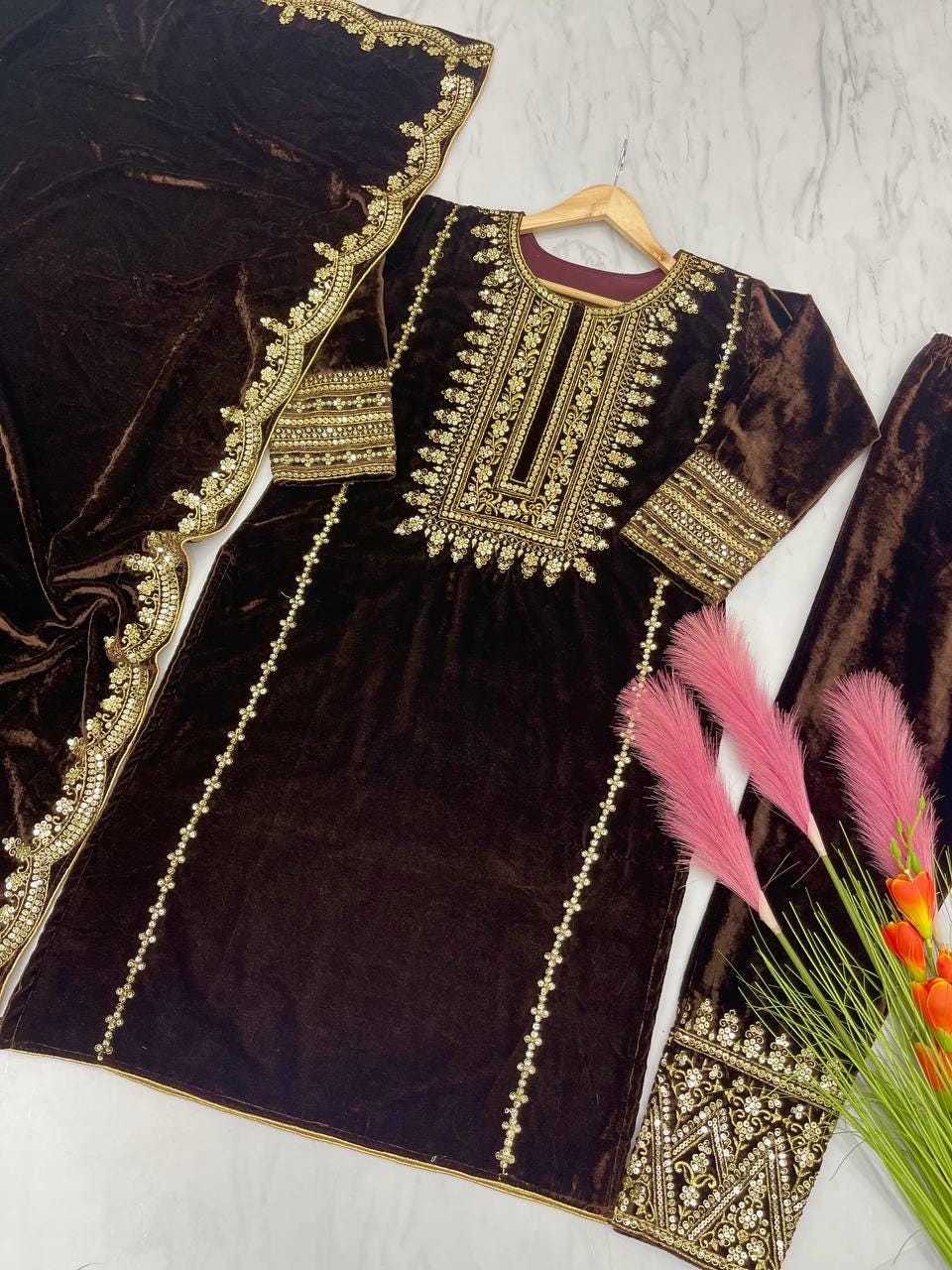 Pakistani Style Brown Viscose Velvet Embroidered Suit Set with Sequin Work, Full Stitched