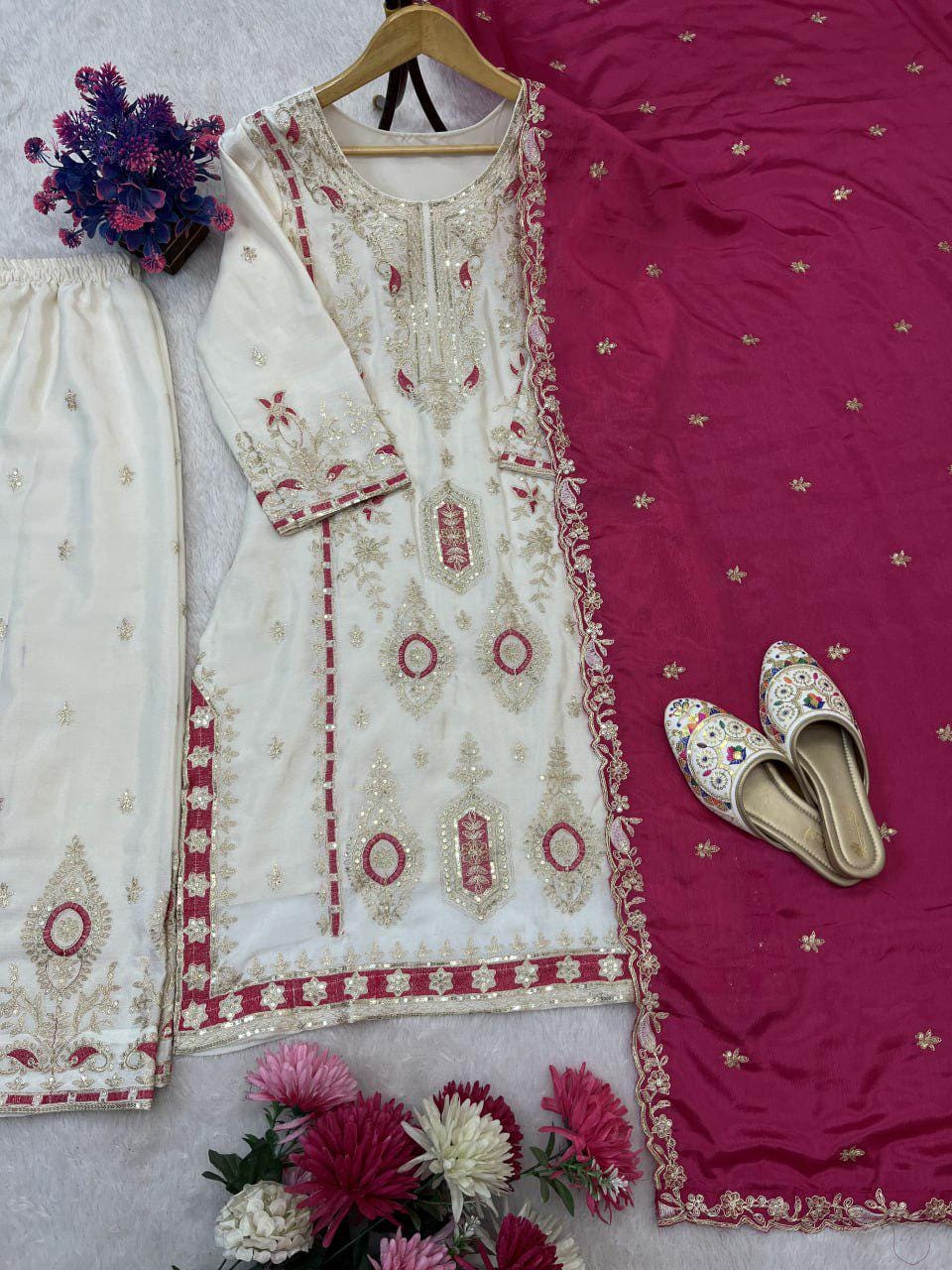 Punjabi Wedding Wear Pure Chinon Silk Sequin Embroidered Luxury Suit Set Designer Kurti Palazzo