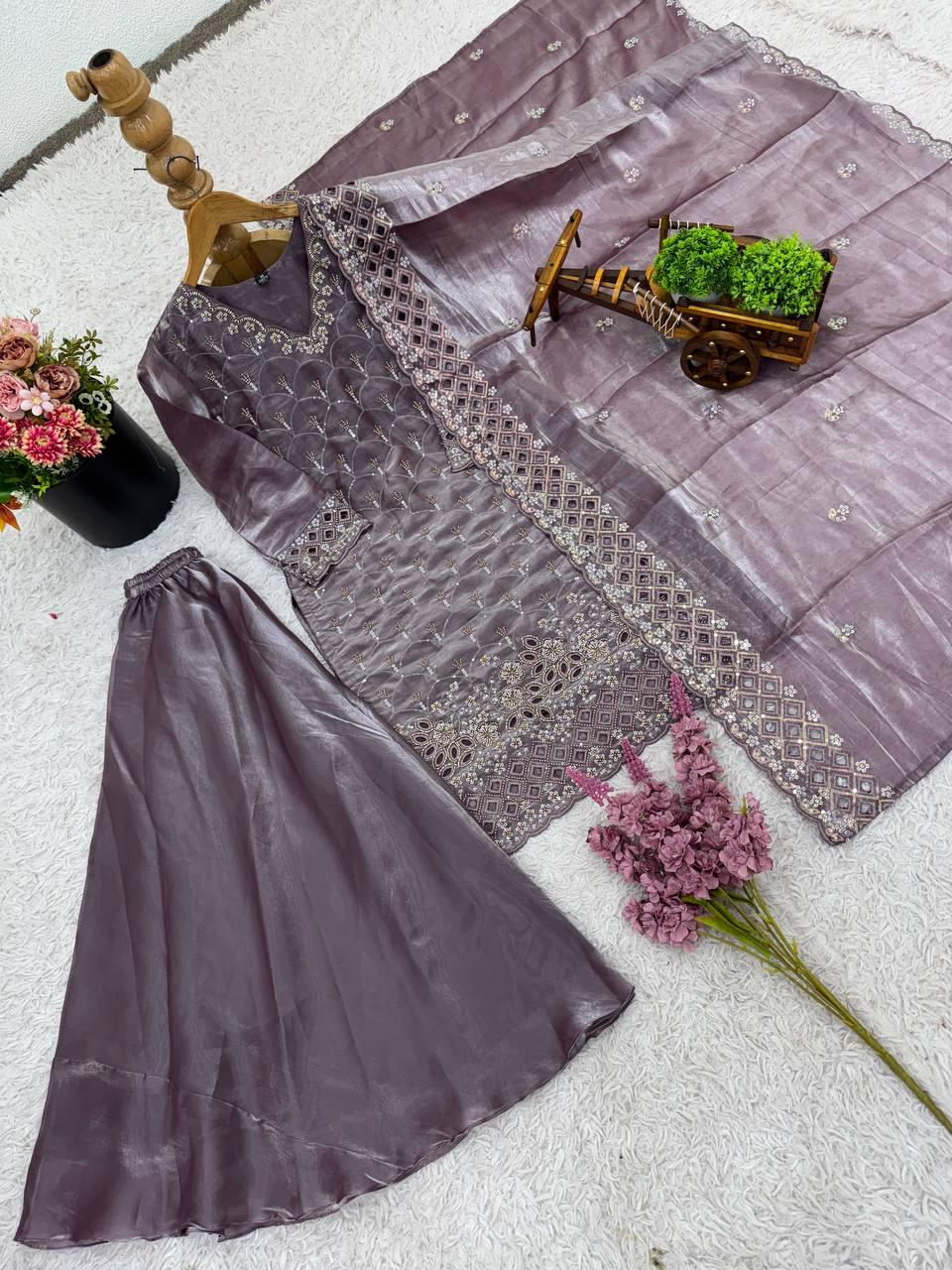 Jimmy Choo Purple Sharara Suit with Embroidery Beads Work Top and Flowy Dupatta