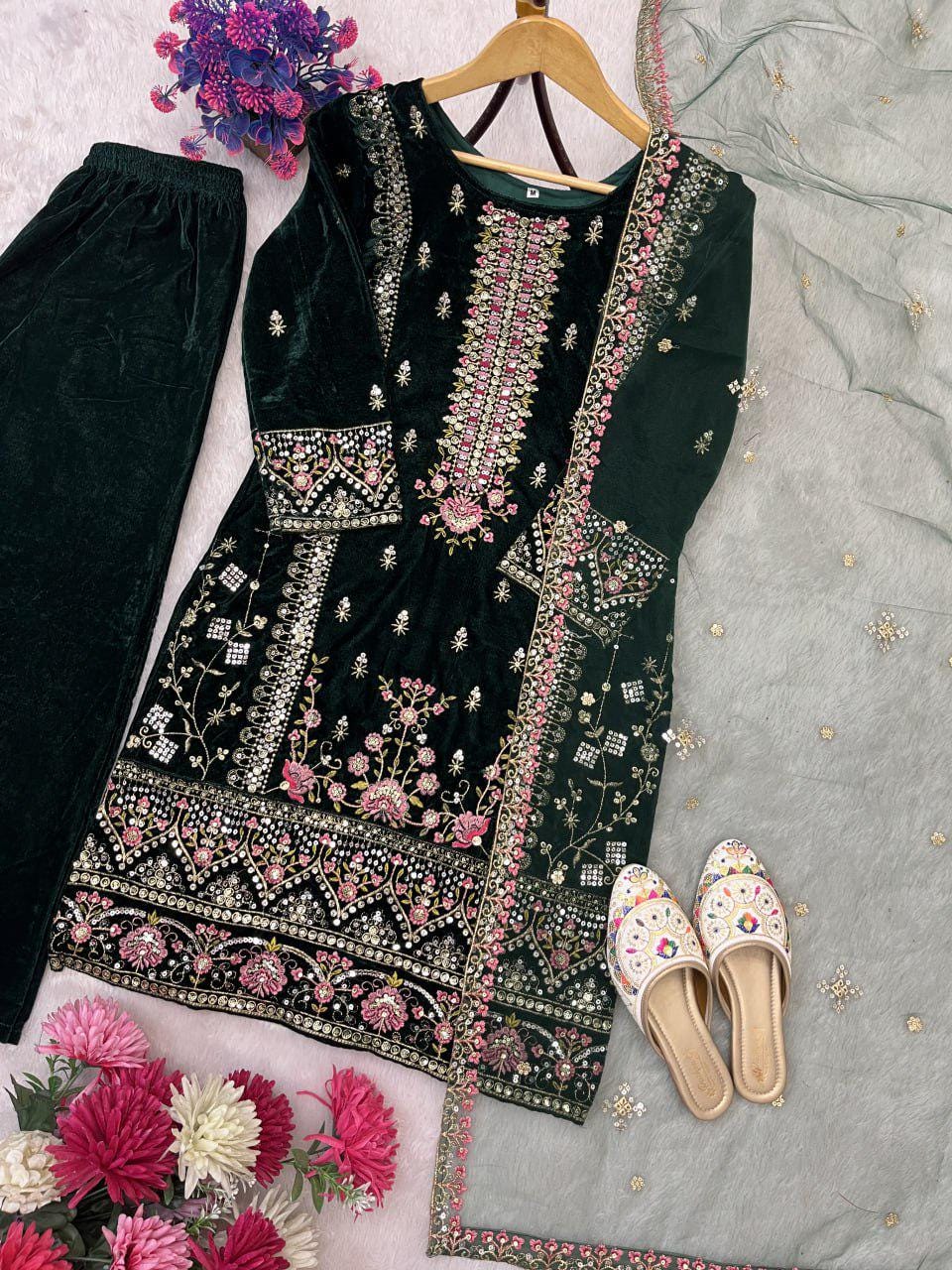 Designer Heavy Viscose Velvet Sequin Embroidered Suit Set with Pant and Butterfly Net Dupatta