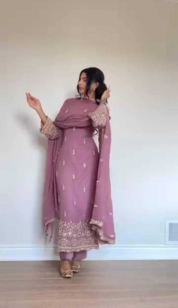 Embroidered Pink Salwar Kameez Suit | Heavy Faux Georgette Pakistani Eid Outfit