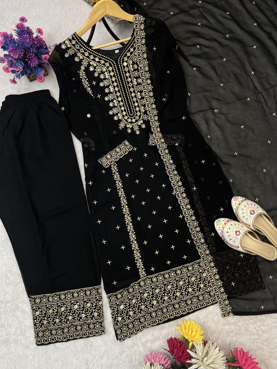 Black Heavy Embroidered Pakistani Shalwar kameez Suit Set with Matching Dupatta