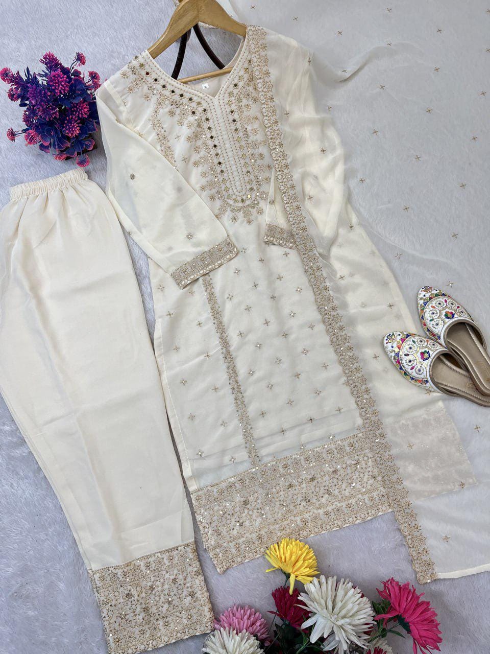 Beige Heavy Embroidered Pakistani Suit Set with Matching Dupatta
