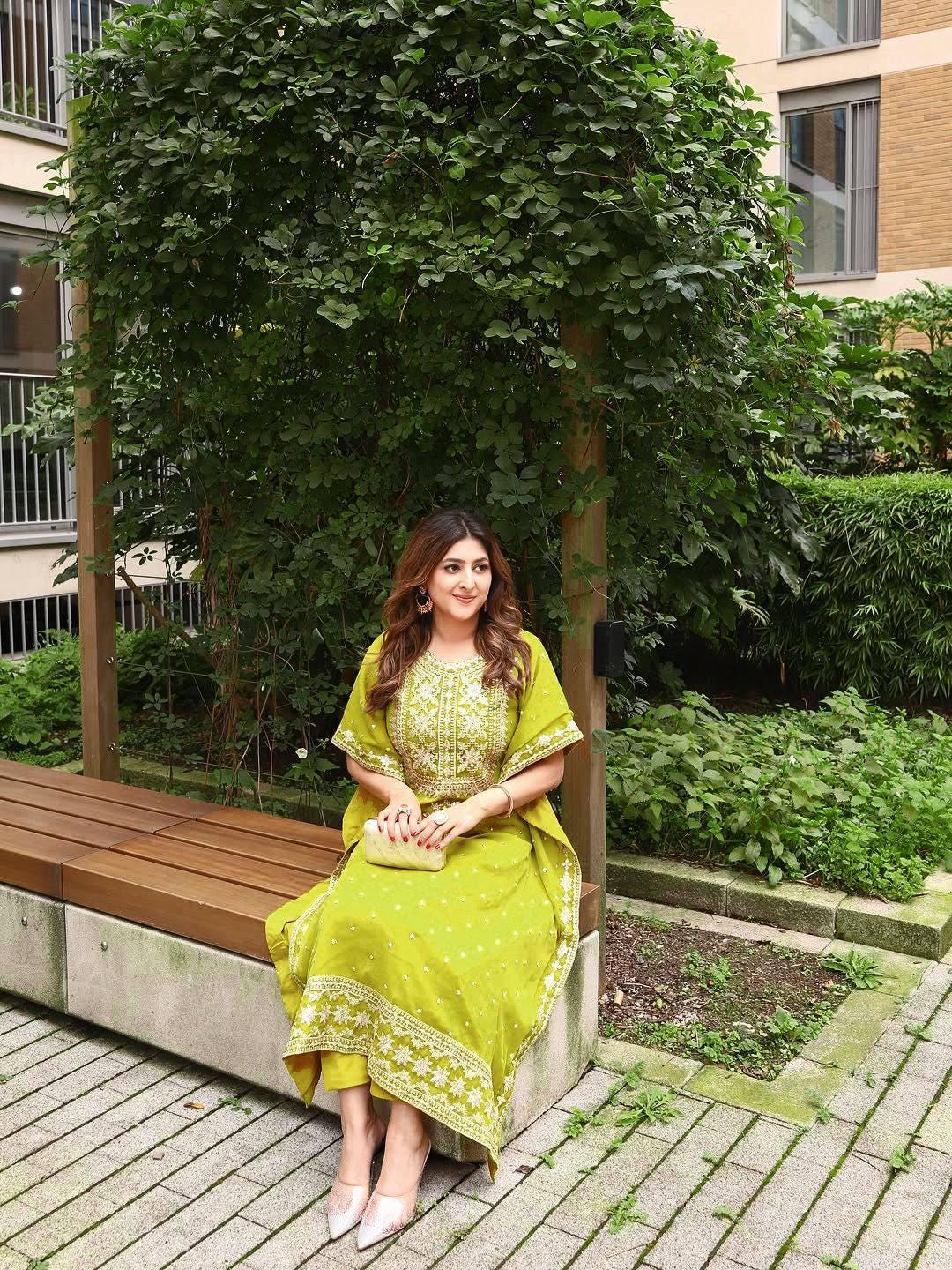 Faux Georgette Embroidered Kaftan Pant Set | Designer Sequin Zari Work Kurti Set