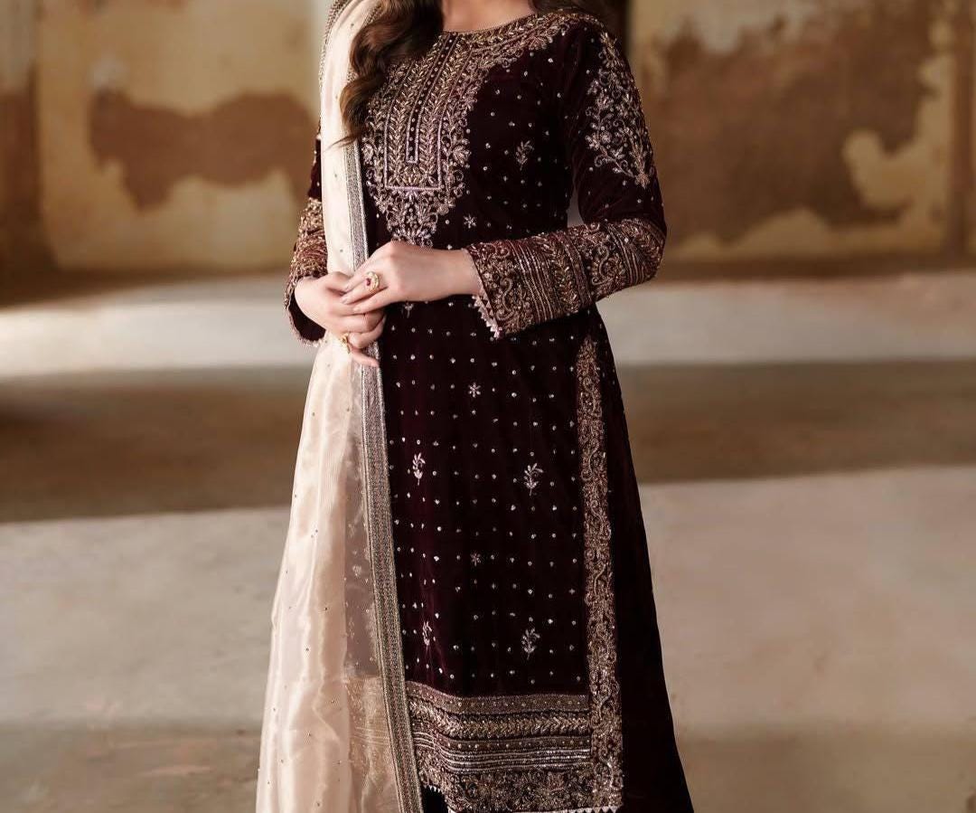 Designer Velvet Kurti Plazzo Set with Sequin Zari Embroidery