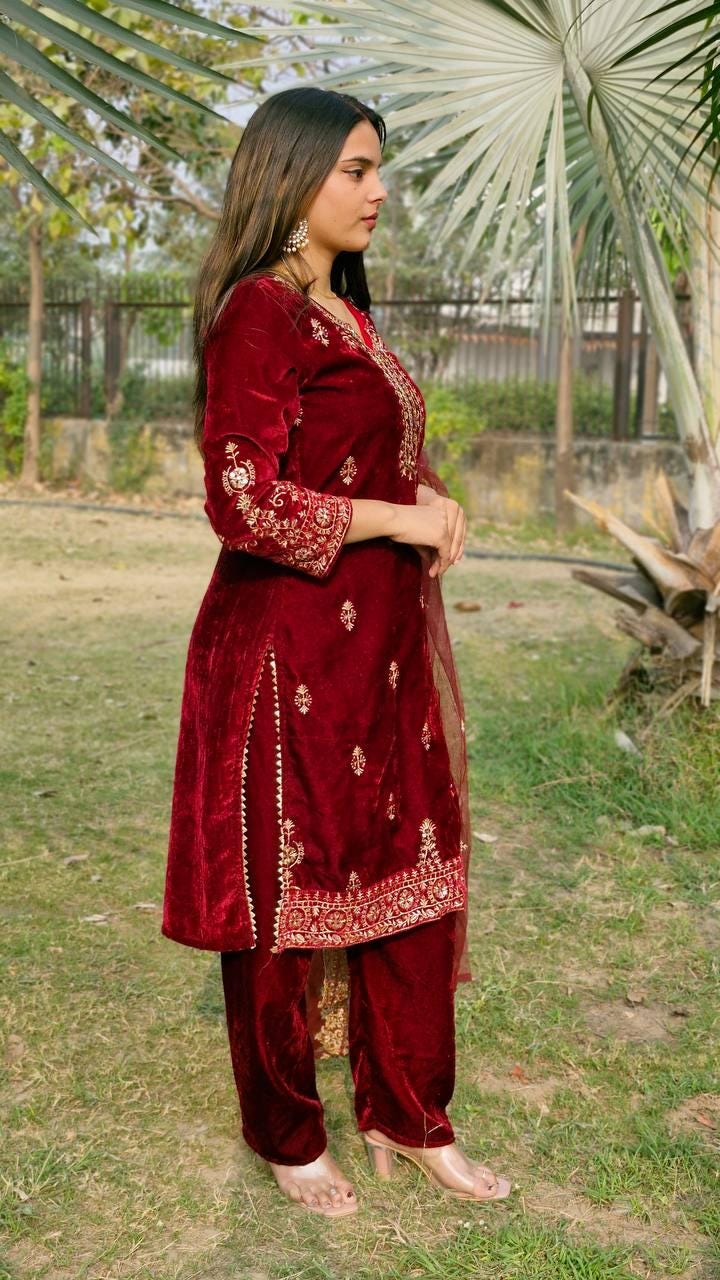 Red Designer Pure Velvet kurti & Pant With Matching Dupatta Co-Ord Set For Women's