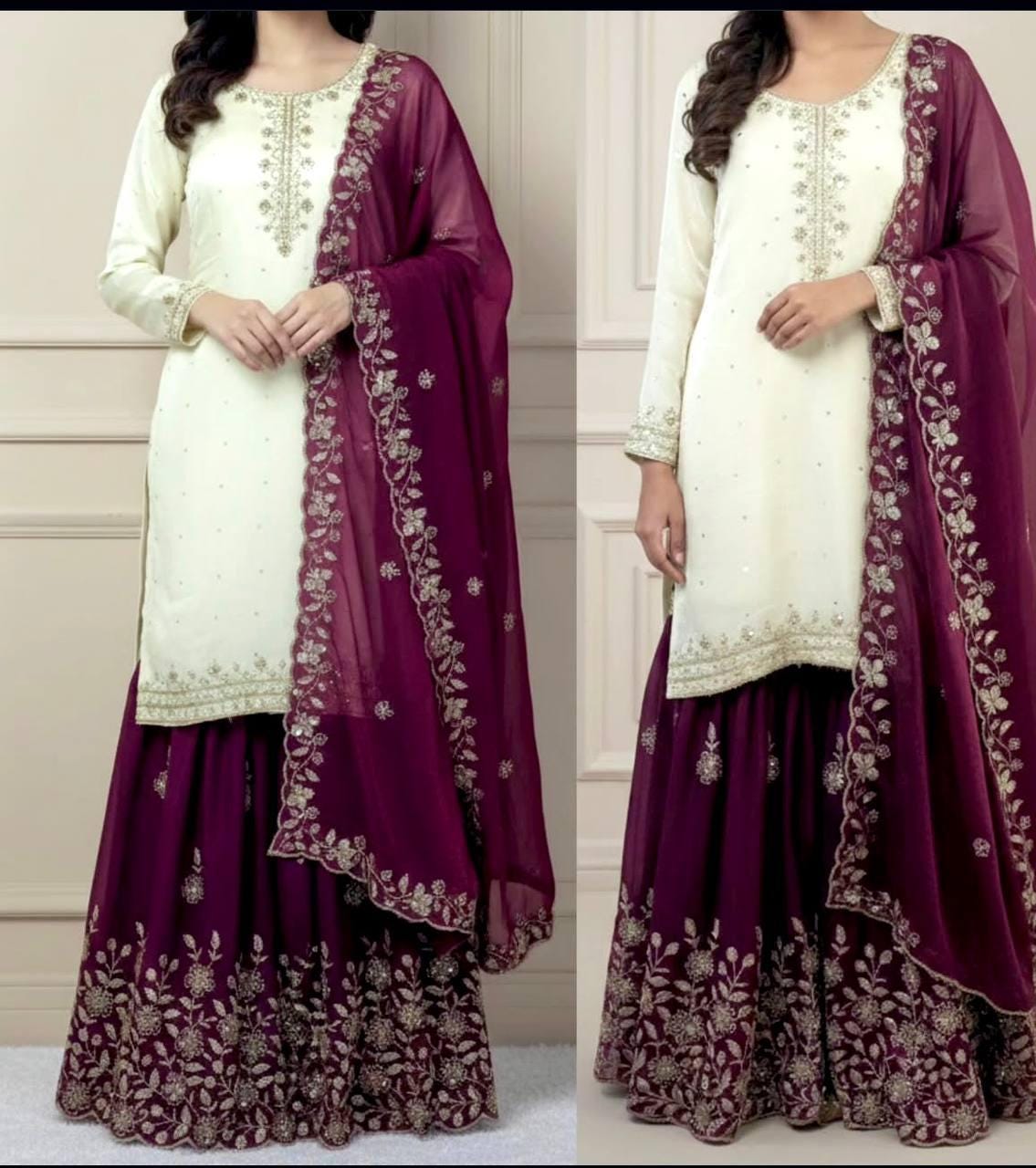 Designer White Indian Long Kurta & Purple Palazzo Set With Dupatta Silk Suit For Women's