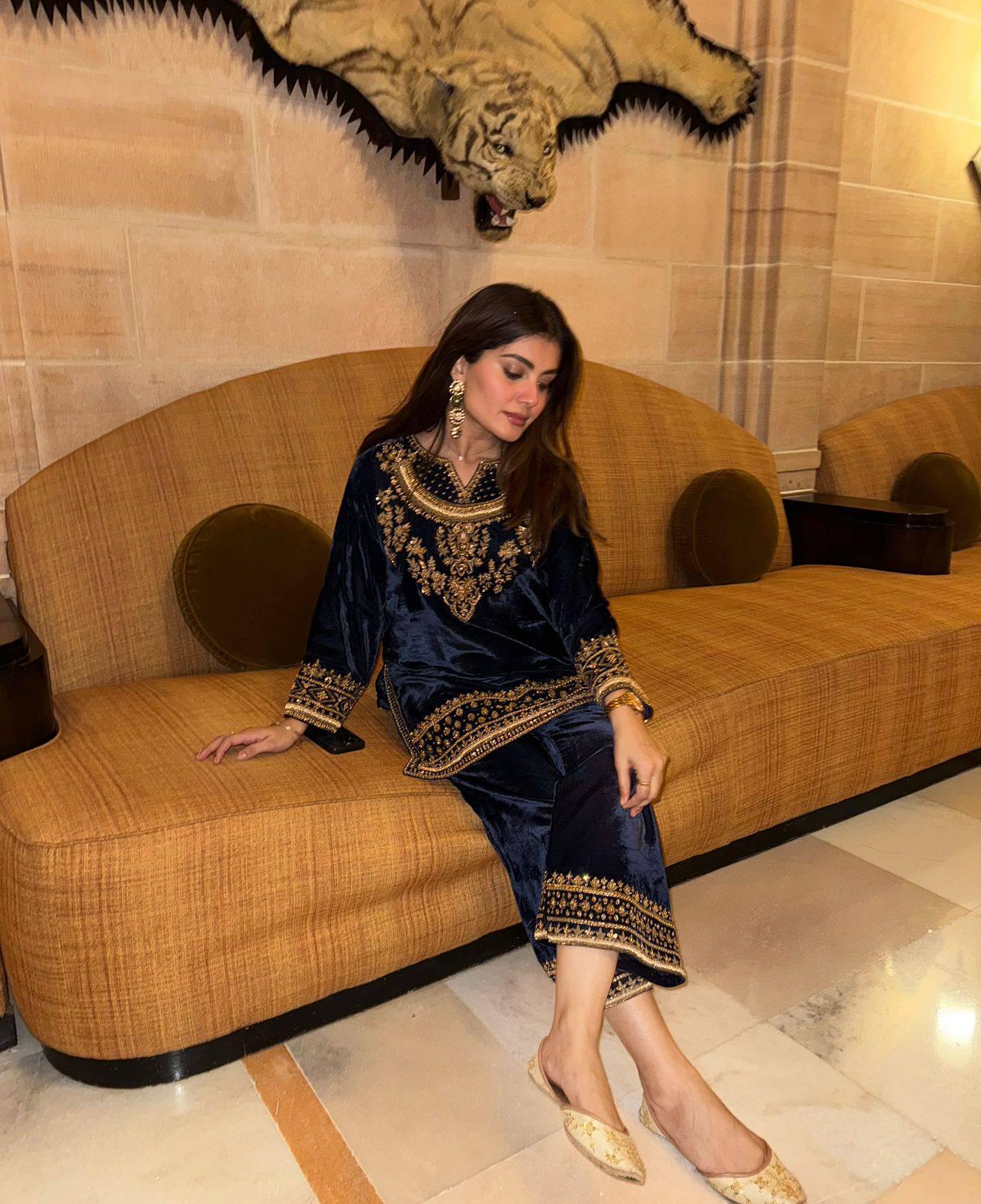 Designer Velvet Kurti Palazzo Co-ord Set with Sequin Zari Embroidery | Readymade Outfit for Women