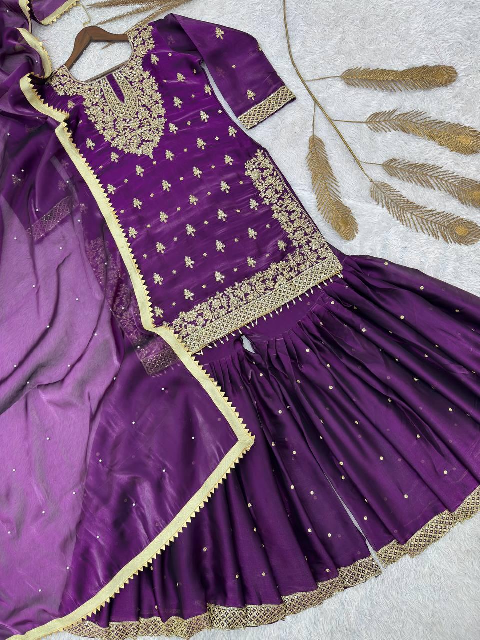 Punjabi Purple Suit Silk Embroidered Top Sharara Dupatta Set - Sharara Set For Wedding