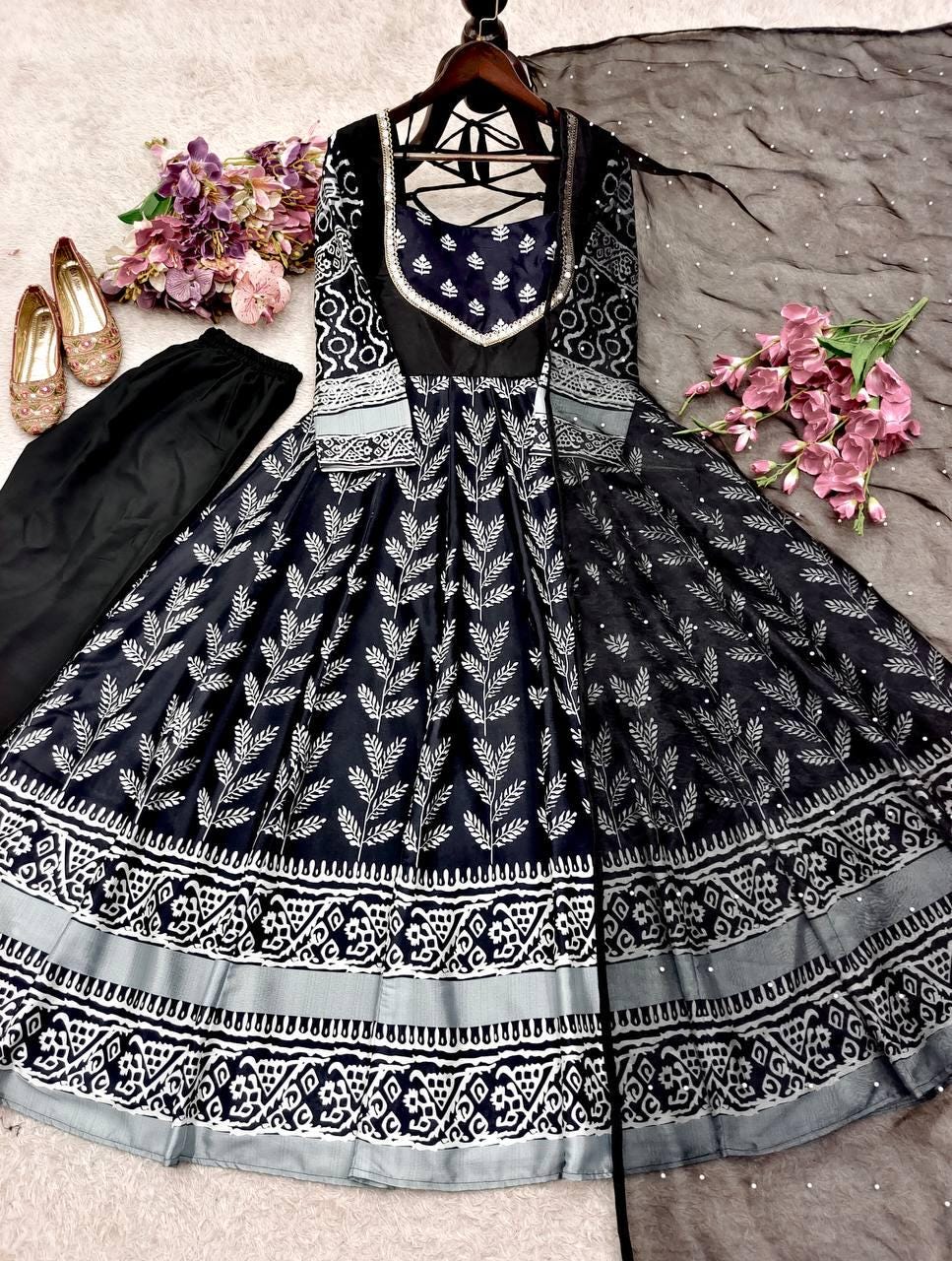 Black Printed Anarkali Gown Set with Dupatta - Festive wear