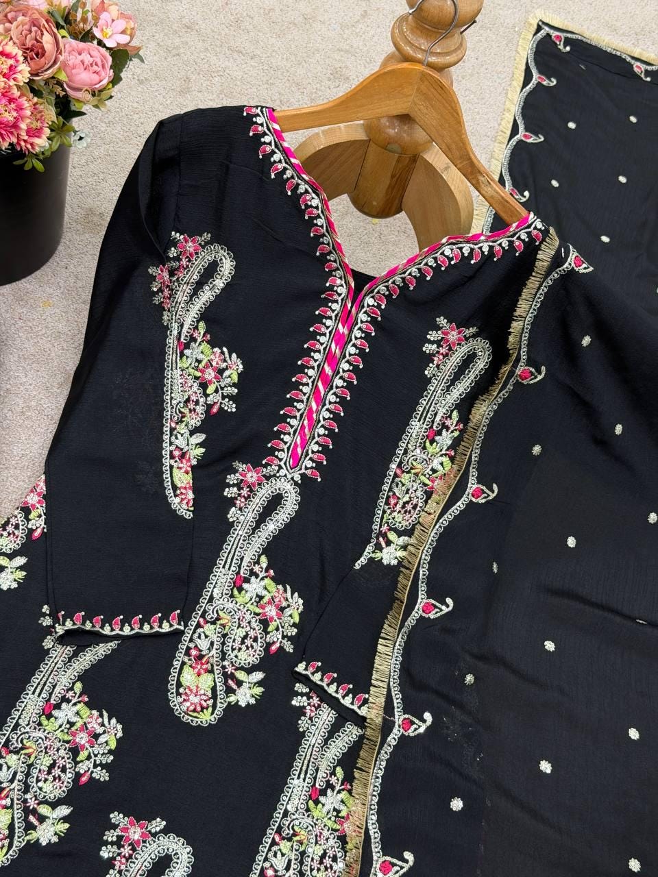 Black Dark Chocolate-Tone Punjabi Suit Embroidered Palazzo Ensemble | A Graceful Choice for Bridal & Festive Wear | TheBlissIN
