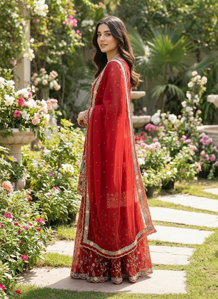 Premium Red Pakistani Wedding Wear & Designer Sharara For Women's - Salwar Kameez Readymade