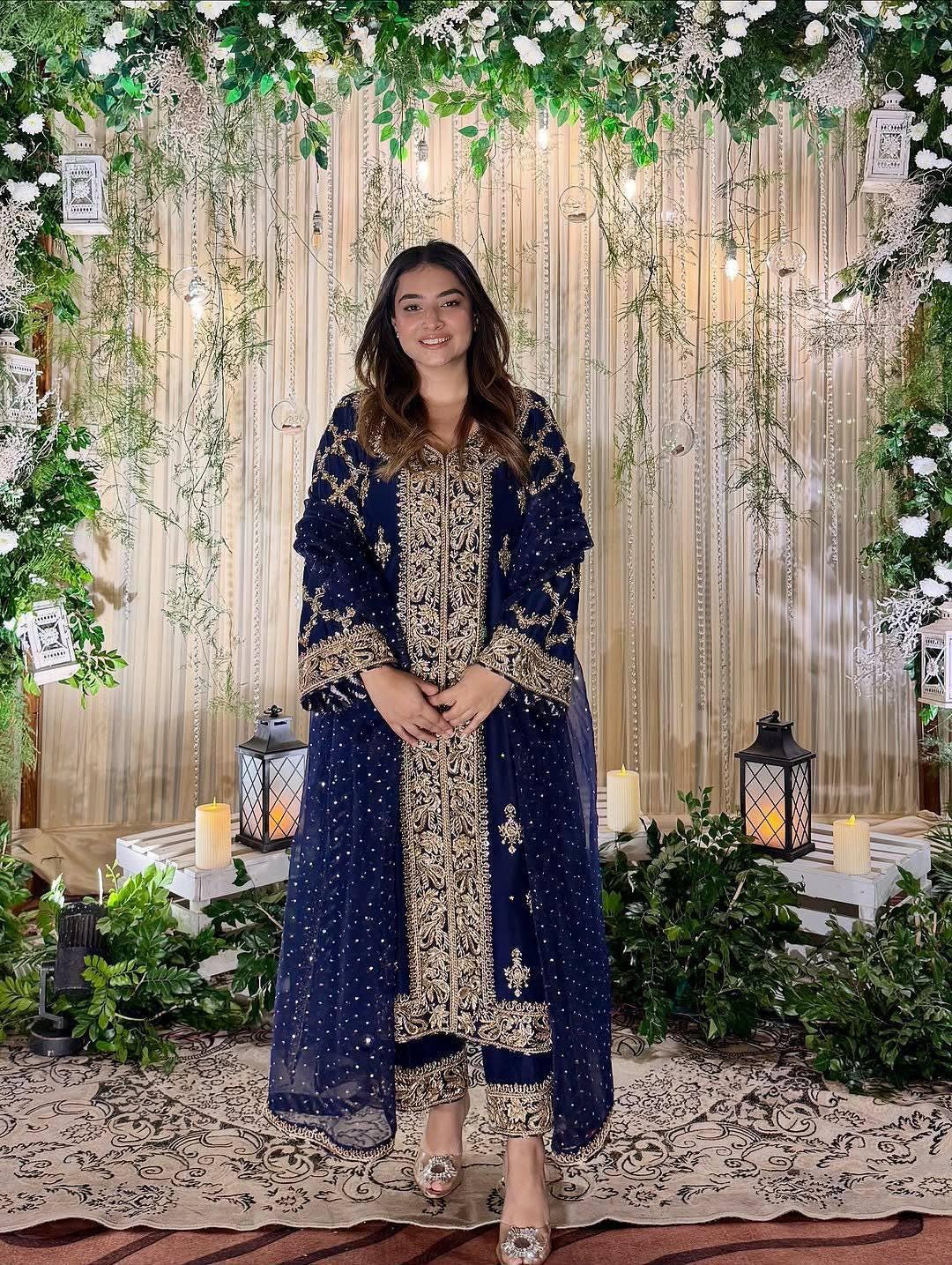 Dark Blue Indian Heavy Georgette With Sequin Embroidery & Matching Dupatta Kurti Palazzo Suit Set