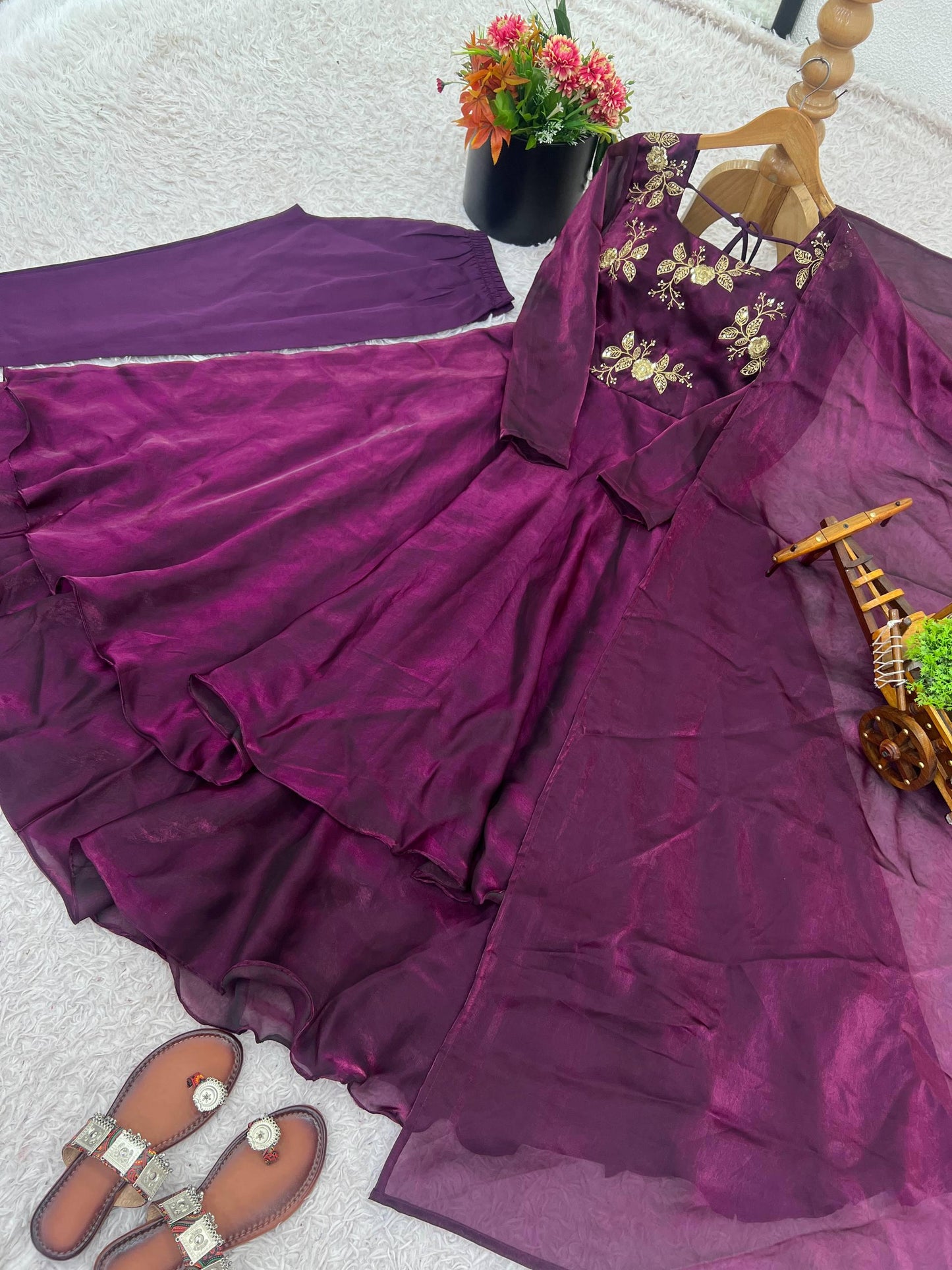 Women’s Wine Color Embroidered Anarkali Kurti Palazzo Set - Indian Wedding Gown