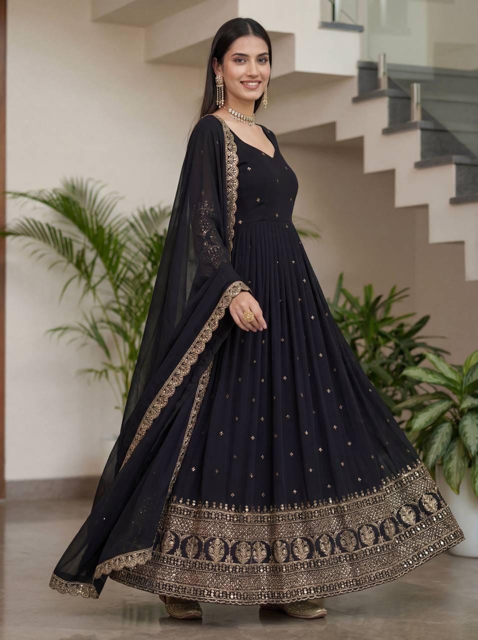 Premium Black Vichitra Silk Embroidered Anarkali Suit - Indian Wedding Wear