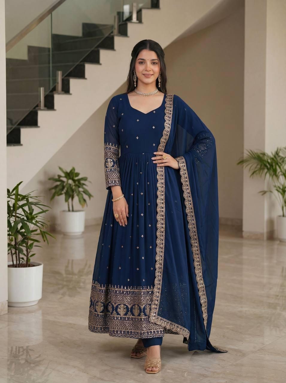 Embroidered Blue Vichitra Silk Anarkali Gown - Indian Wedding Dress