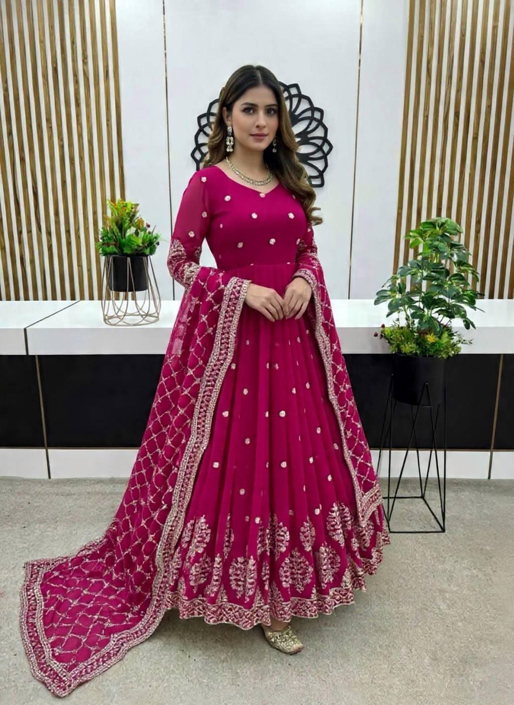 Anarkali Pink Silk Gown For Women's Heavy Faux Georgette Dress