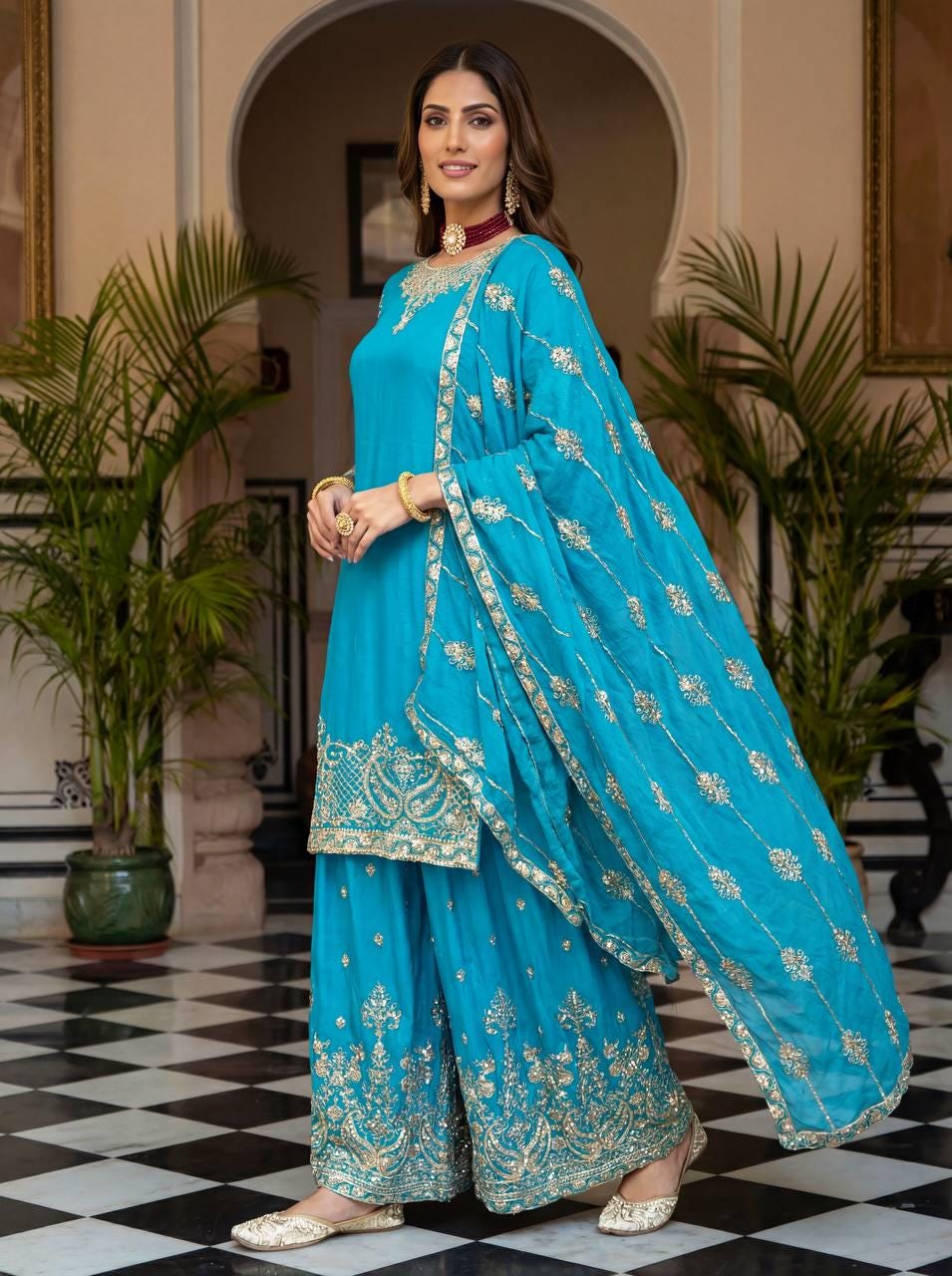 Sky Blue Embroidered Chinon Silk Palazzo Suit with Dupatta | Wedding , Festive Wear