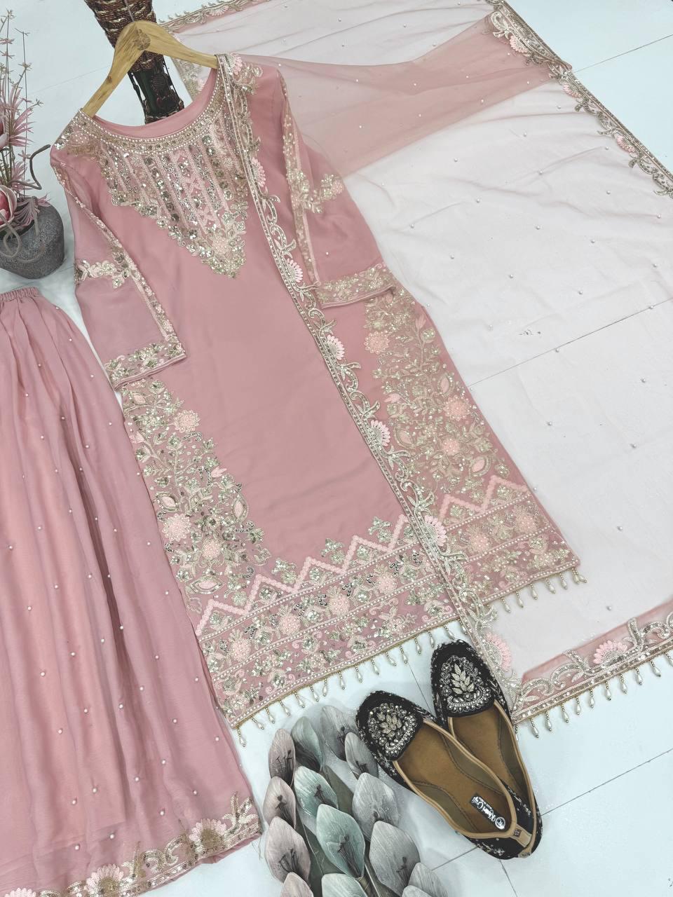 Soft Georgette Pink Suit Kurta & Palazzo Set With Matching Dupatta