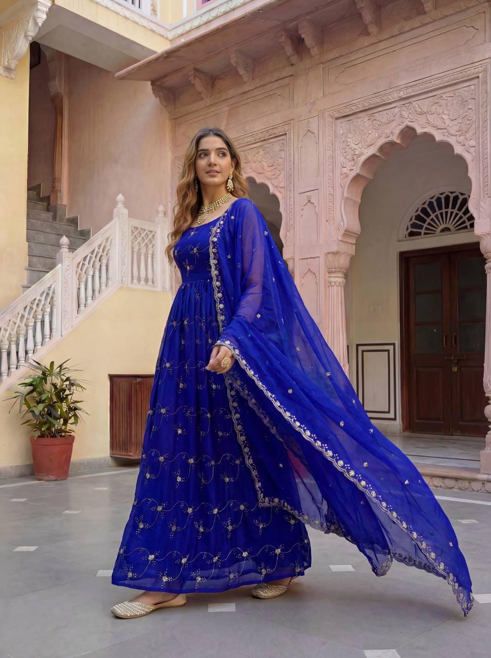 Designer Royal Blue Silk Floor Length Anarkali Gown - Festive Wear