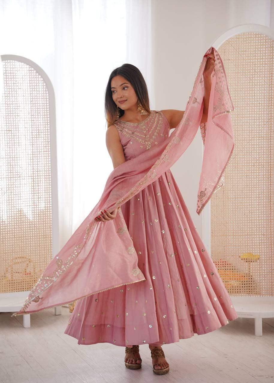 Indian Pink Long Frock With Sequin Embroidery Work , Anarkali suit For Women