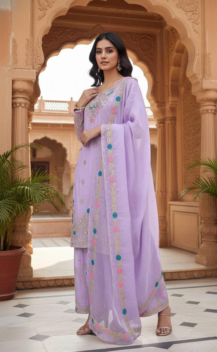 Lavender Top & Palazzo Suit With Floral Embroidery Matching Dupatta