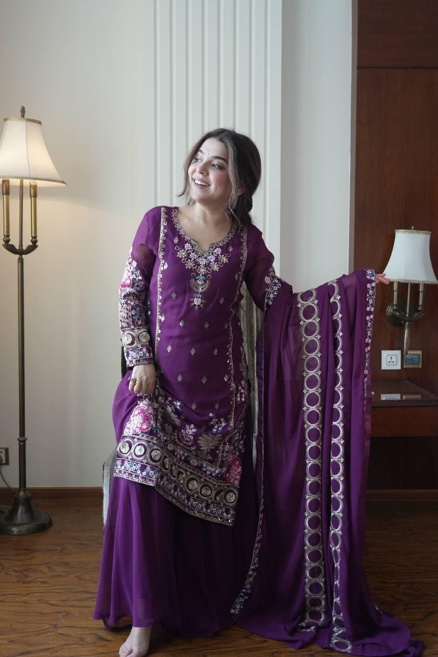 Indigo Royale Purple Fox Georgette Kurti Palazzo Set with Sequence Embroidery & Dupatta - Ready To Wear