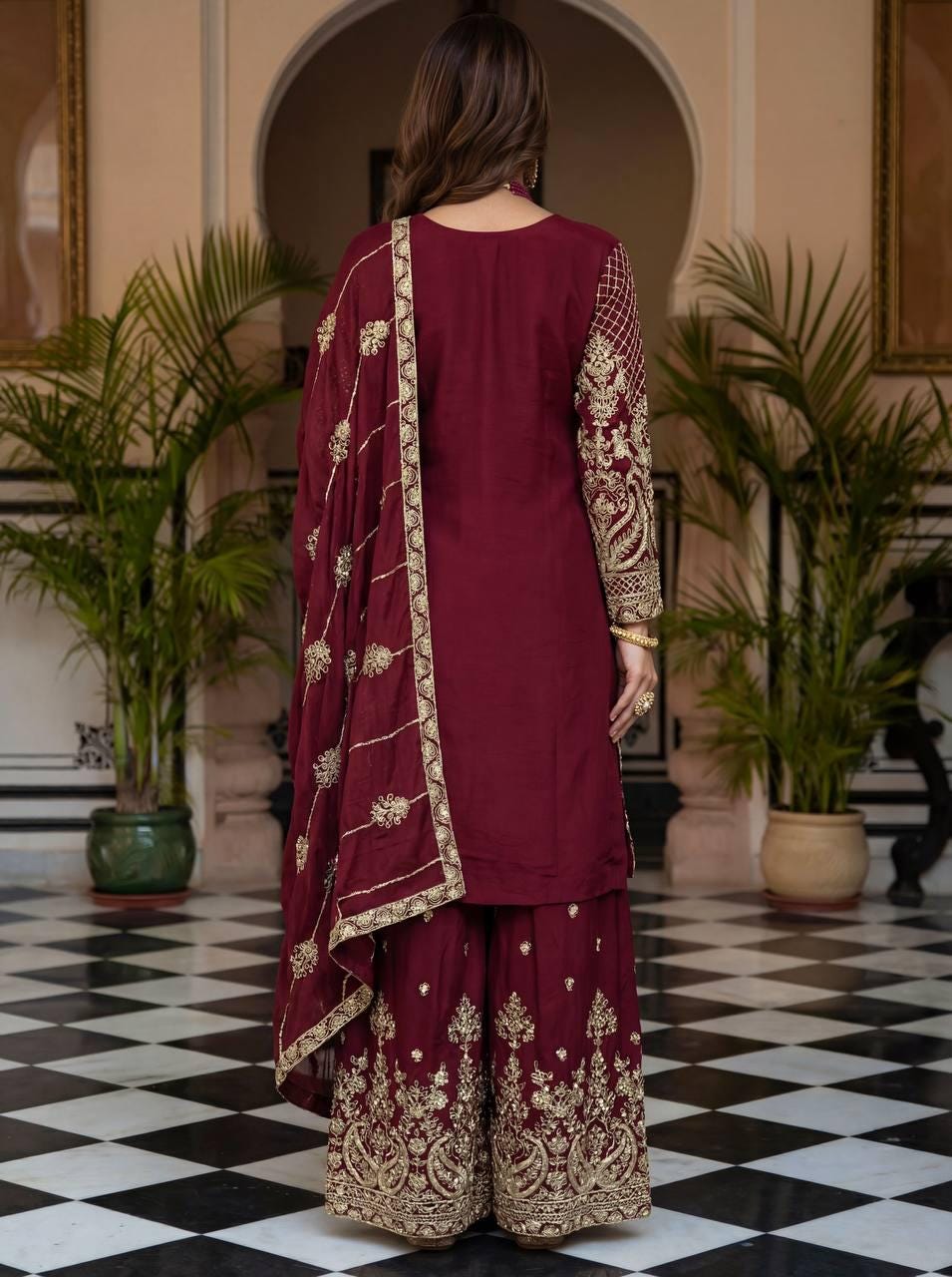 Heavy Embroidered Marron Kurta Palazzo Suit Set | Ready To Wear - Pakistani Womenswear